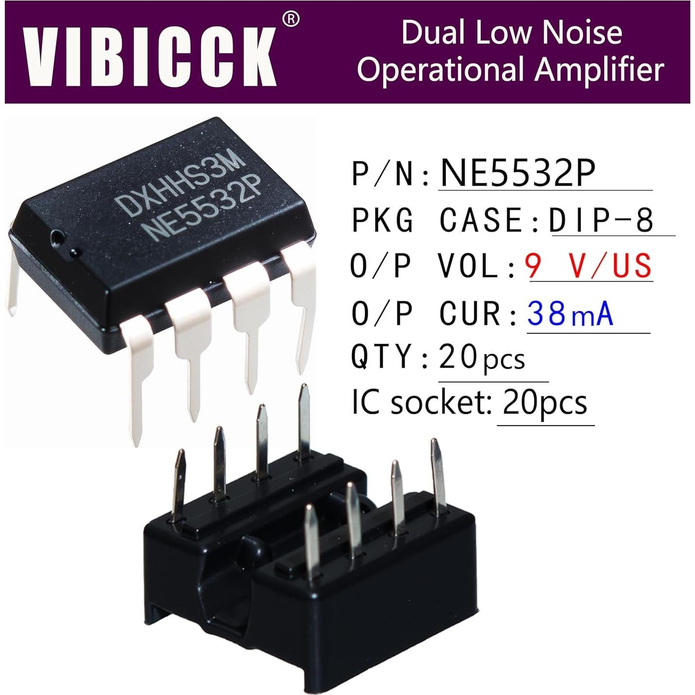 20 Amplificadores Operacionales NE5532P + 20 Zócalos DIP-8