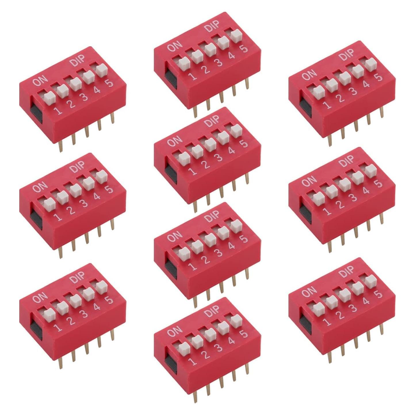 Interruptor DIP Horizontal Fielect 10pcs 5 Posiciones 2.54mm Rojo