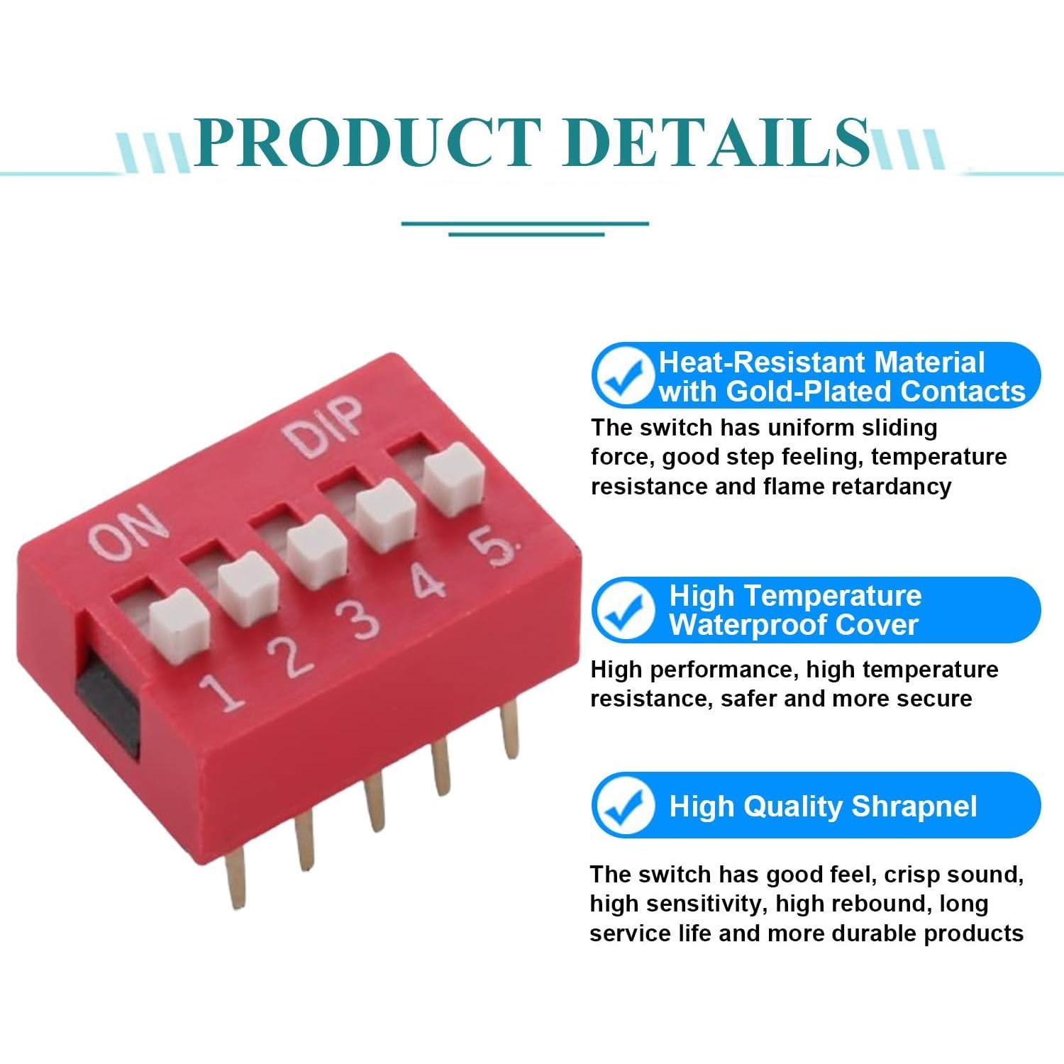 Interruptor DIP Horizontal Fielect 10pcs 5 Posiciones 2.54mm Rojo