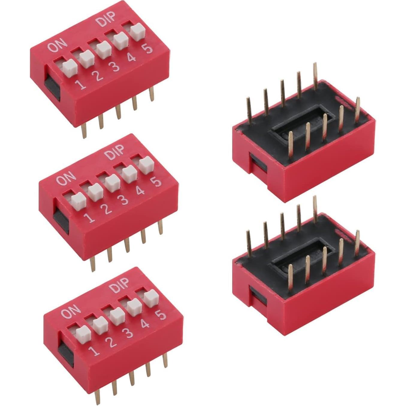 Interruptor DIP Horizontal Fielect 10pcs 5 Posiciones 2.54mm Rojo