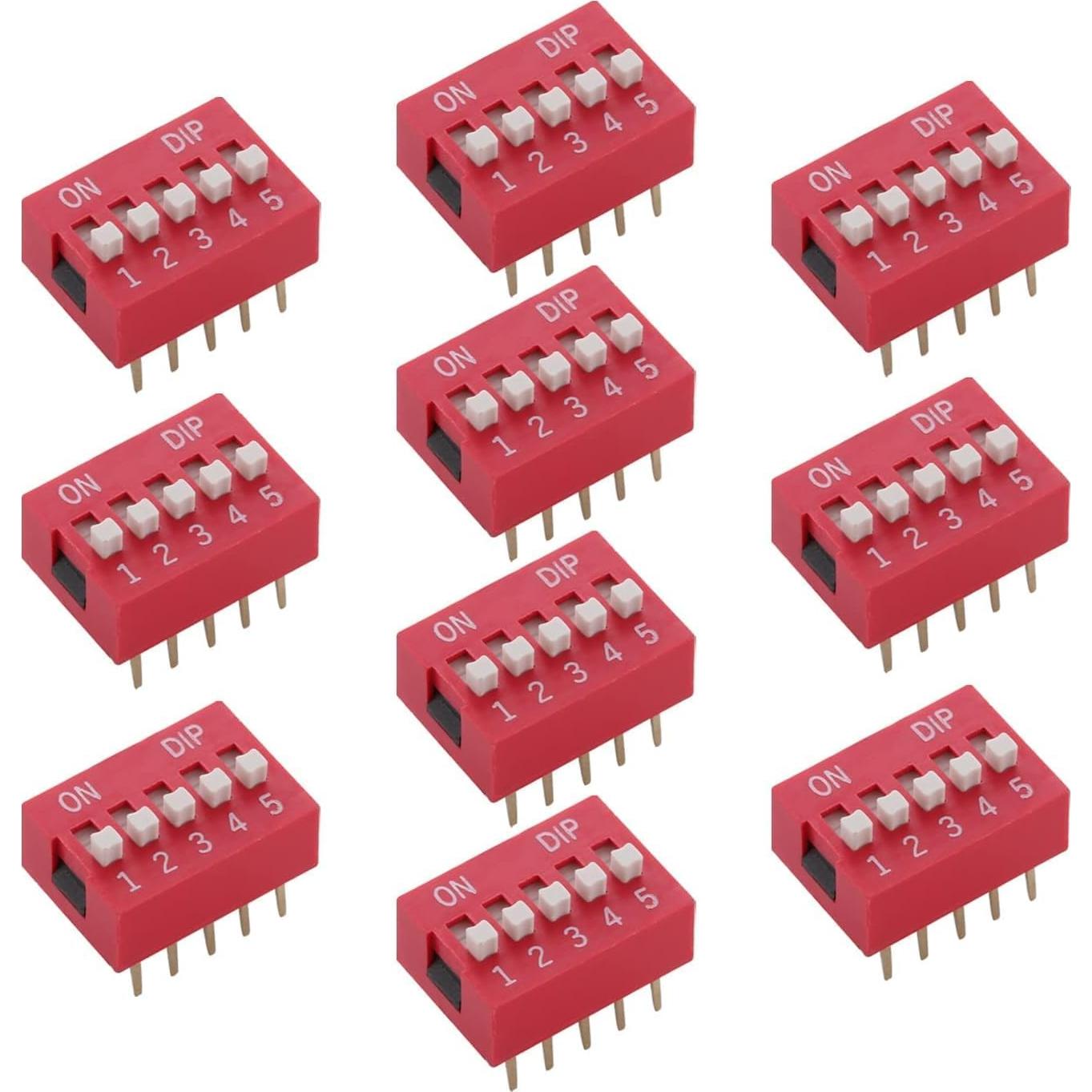 Interruptor DIP Horizontal Fielect 10pcs 5 Posiciones 2.54mm Rojo