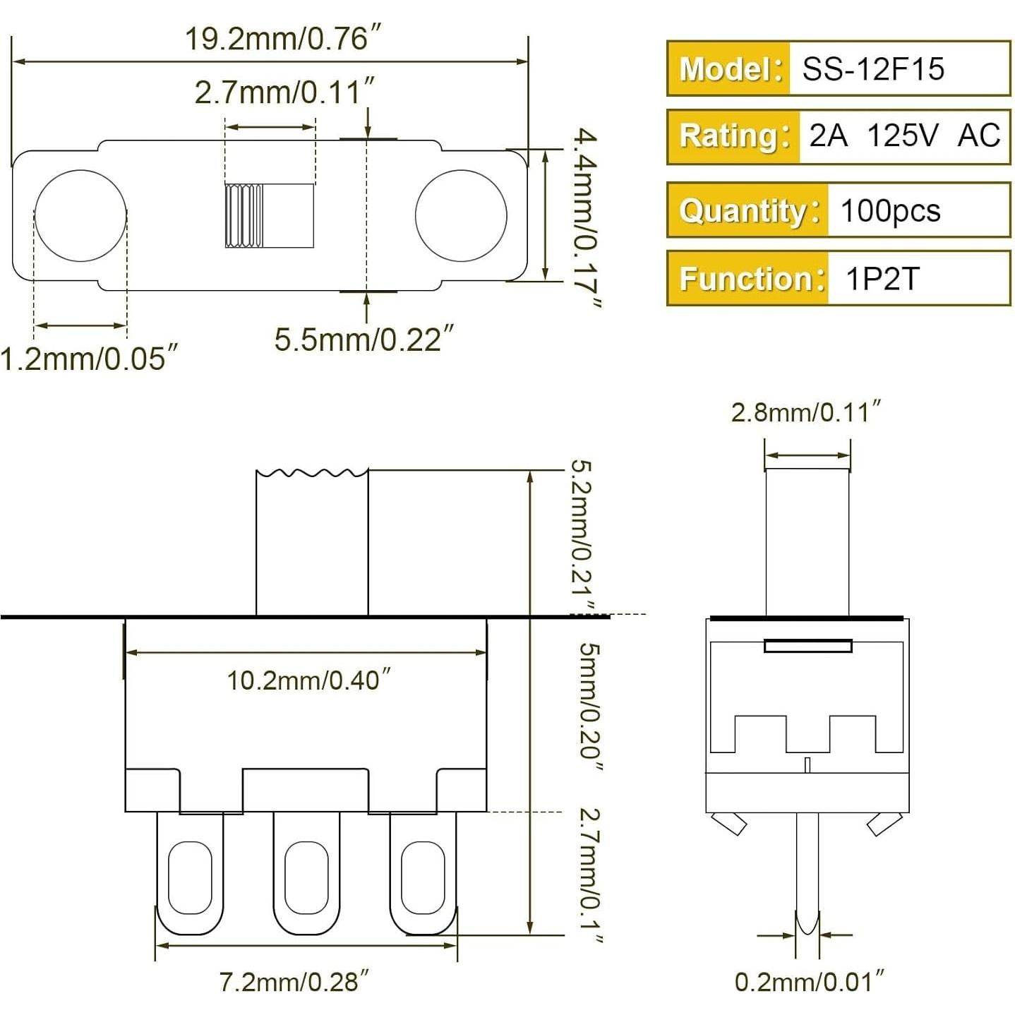100pcs Mini Interruptor Deslizante SPDT Juasky SS-12F15 10x6x5mm