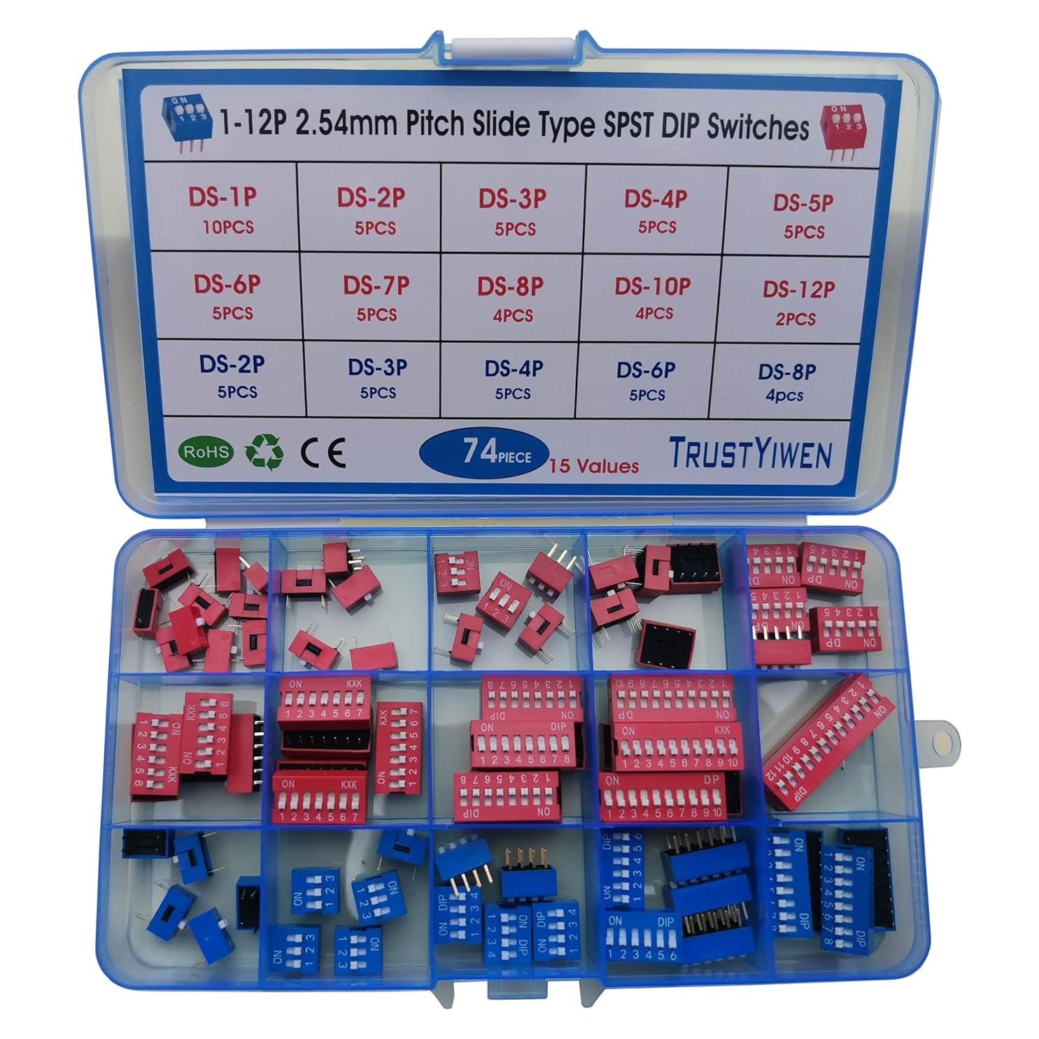 Kit de Interruptores DIP SPST Deslizantes 74PCS Rojo Azul