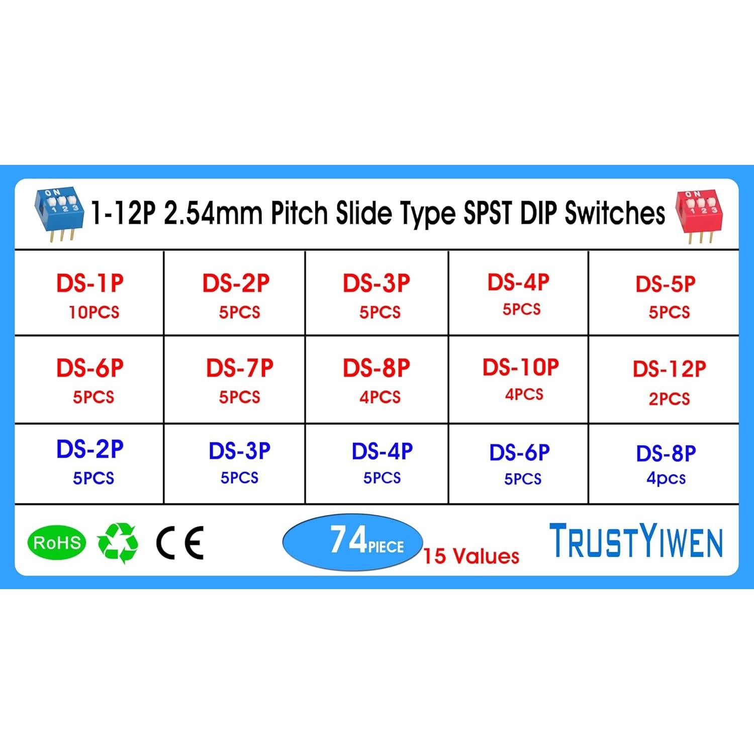 Kit de Interruptores DIP SPST Deslizantes 74PCS Rojo Azul