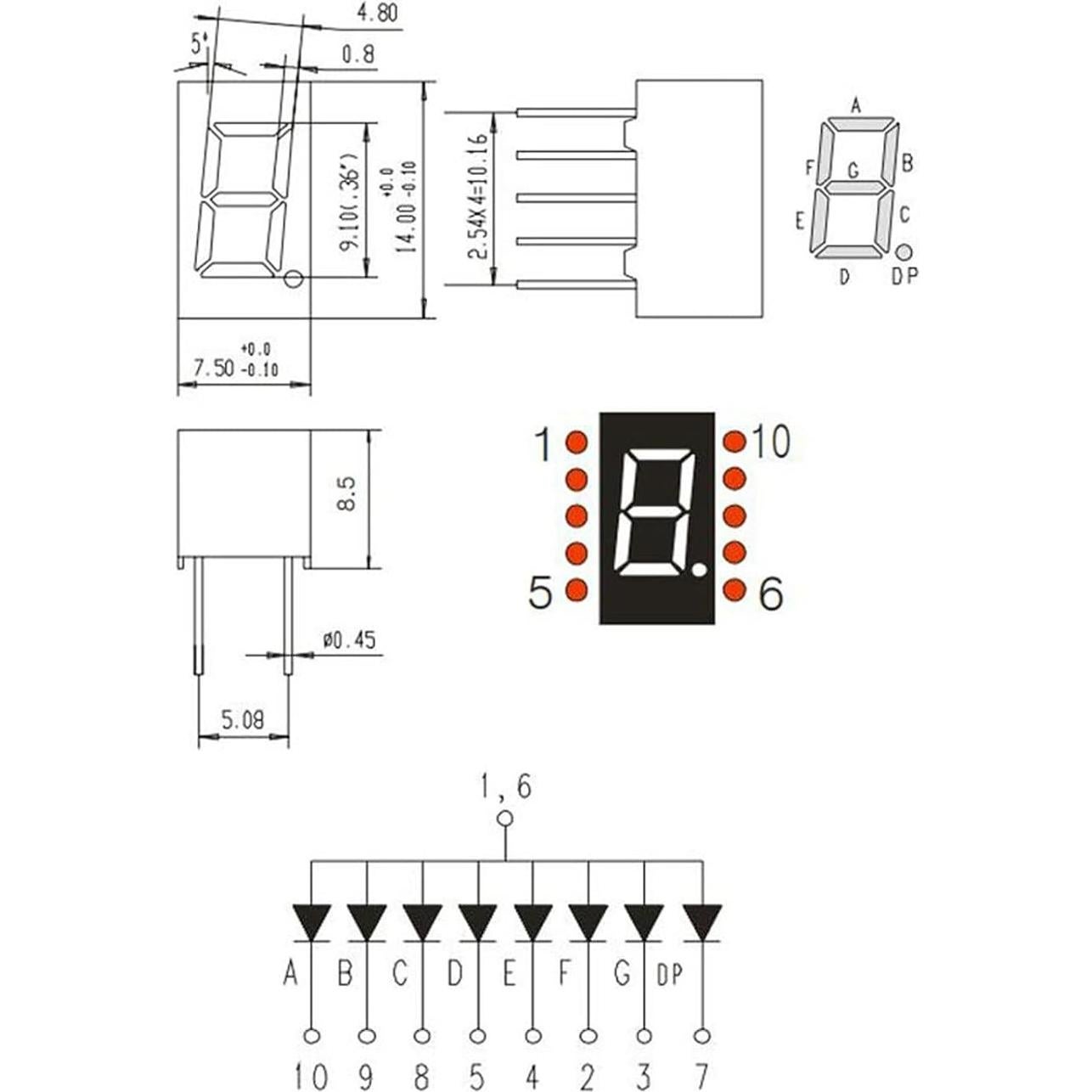 Tubo Digital LED PATIKIL Rojo 10 Piezas 7 Segmento 2.1V