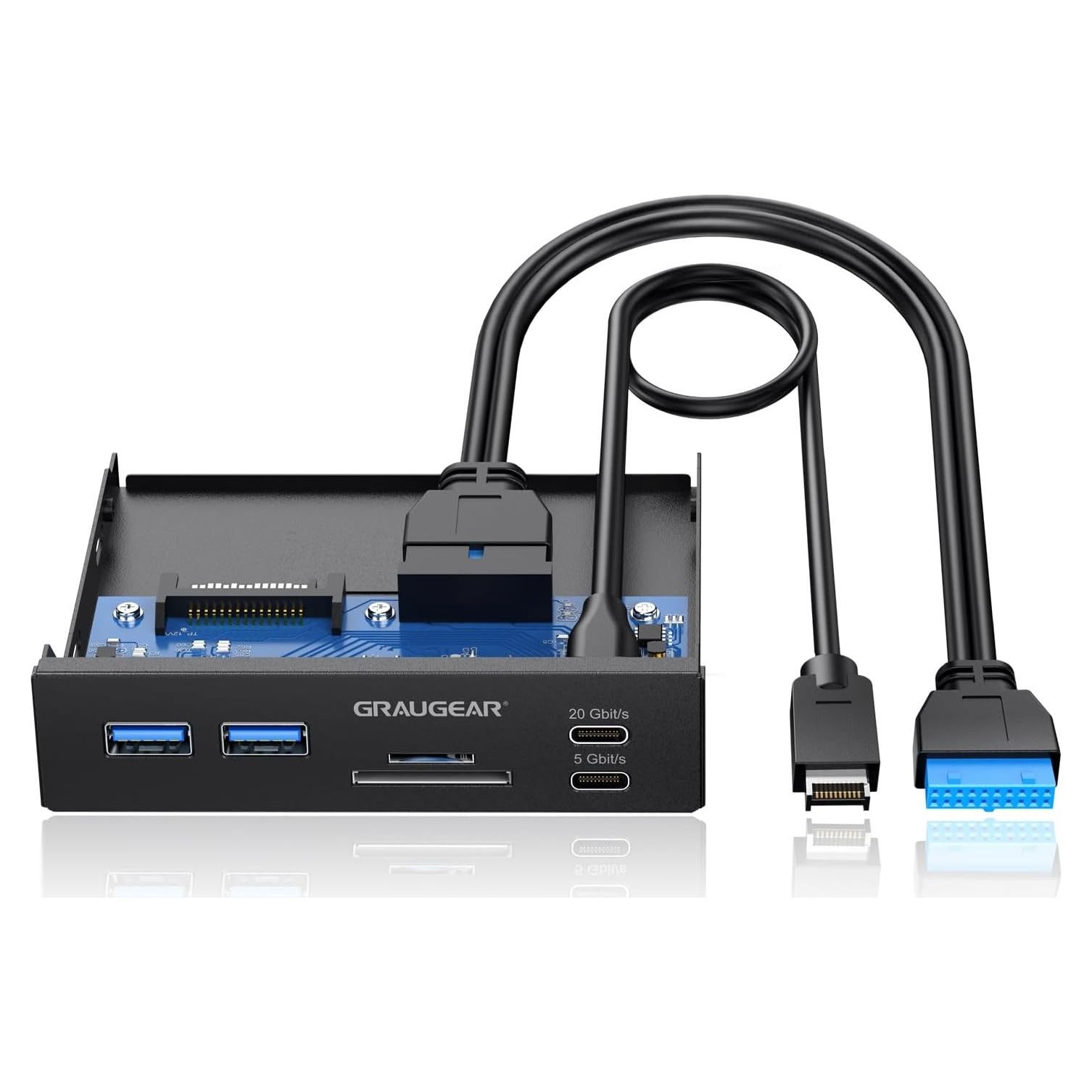 GRAUGEAR 3.5 Inch Front Panel USB C Hub, SD/microSD Internal Card Reader, 20Gbps USB 3.2 Gen 2x2, USB3.2 Type-E Key-A 20-Pin Header & USB3.0 Header & 15-Pin SATA Power Connector Required [G-MP01CR]