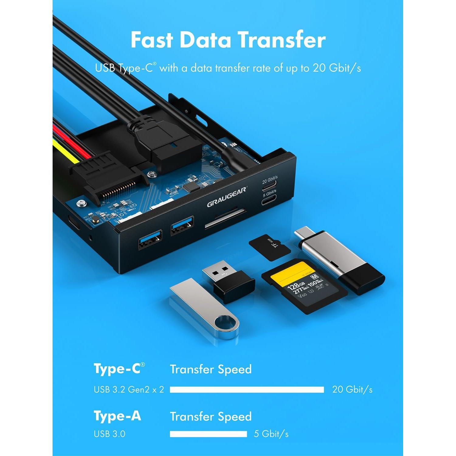 GRAUGEAR 3.5 Inch Front Panel USB C Hub, SD/microSD Internal Card Reader, 20Gbps USB 3.2 Gen 2x2, USB3.2 Type-E Key-A 20-Pin Header & USB3.0 Header & 15-Pin SATA Power Connector Required [G-MP01CR]