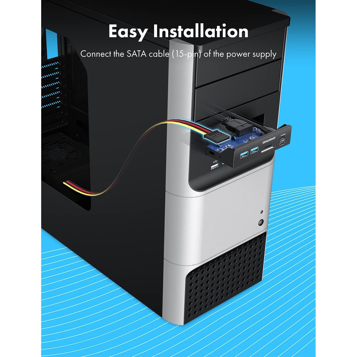 GRAUGEAR 3.5 Inch Front Panel USB C Hub, SD/microSD Internal Card Reader, 20Gbps USB 3.2 Gen 2x2, USB3.2 Type-E Key-A 20-Pin Header & USB3.0 Header & 15-Pin SATA Power Connector Required [G-MP01CR]