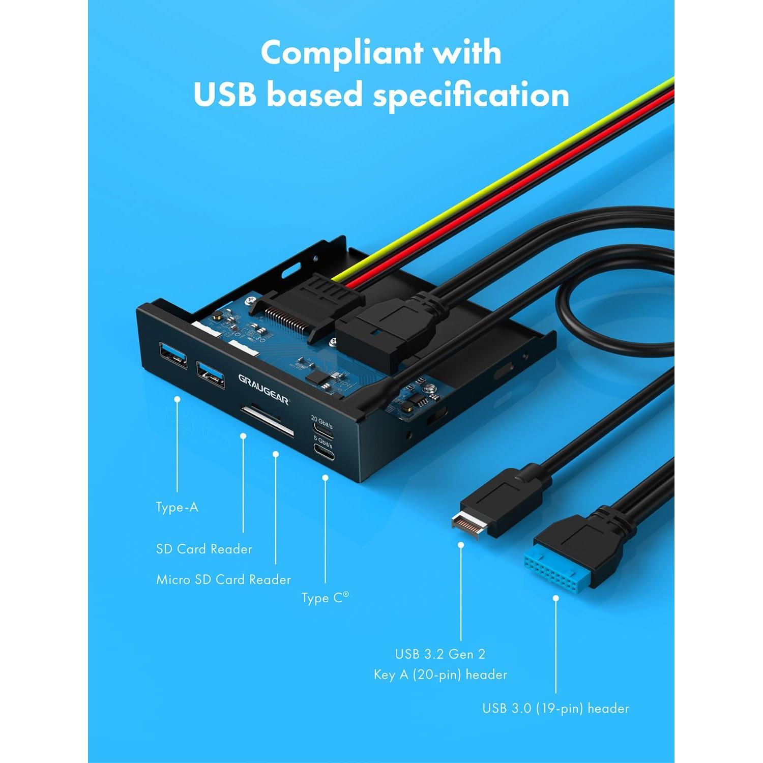 GRAUGEAR 3.5 Inch Front Panel USB C Hub, SD/microSD Internal Card Reader, 20Gbps USB 3.2 Gen 2x2, USB3.2 Type-E Key-A 20-Pin Header & USB3.0 Header & 15-Pin SATA Power Connector Required [G-MP01CR]