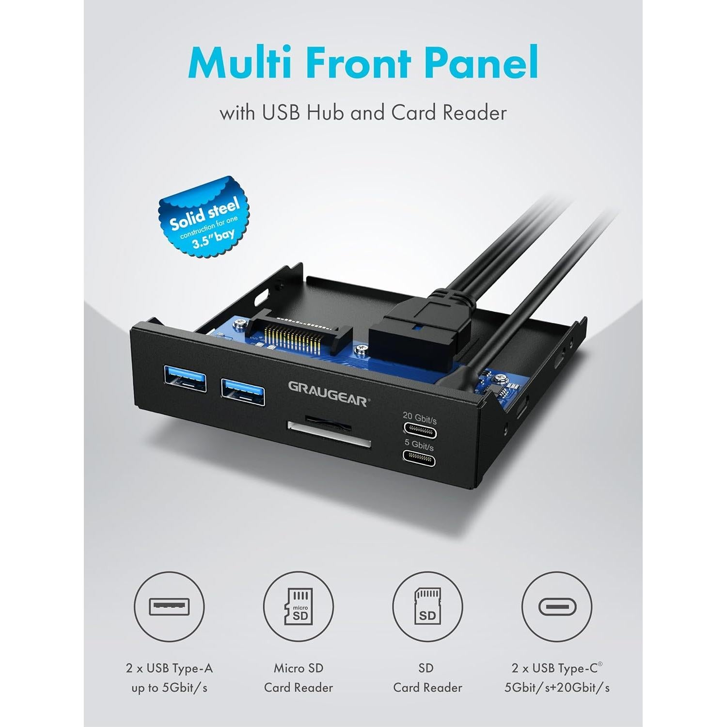 GRAUGEAR 3.5 Inch Front Panel USB C Hub, SD/microSD Internal Card Reader, 20Gbps USB 3.2 Gen 2x2, USB3.2 Type-E Key-A 20-Pin Header & USB3.0 Header & 15-Pin SATA Power Connector Required [G-MP01CR]