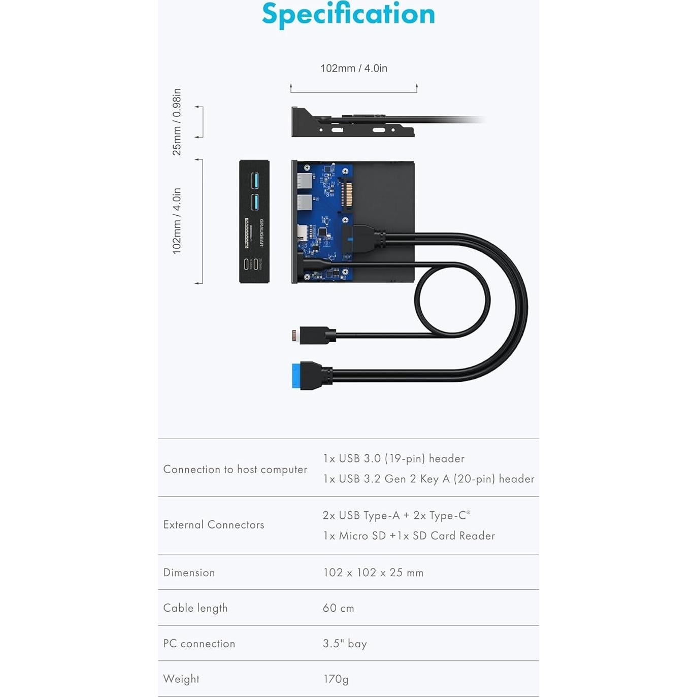GRAUGEAR 3.5 Inch Front Panel USB C Hub, SD/microSD Internal Card Reader, 20Gbps USB 3.2 Gen 2x2, USB3.2 Type-E Key-A 20-Pin Header & USB3.0 Header & 15-Pin SATA Power Connector Required [G-MP01CR]