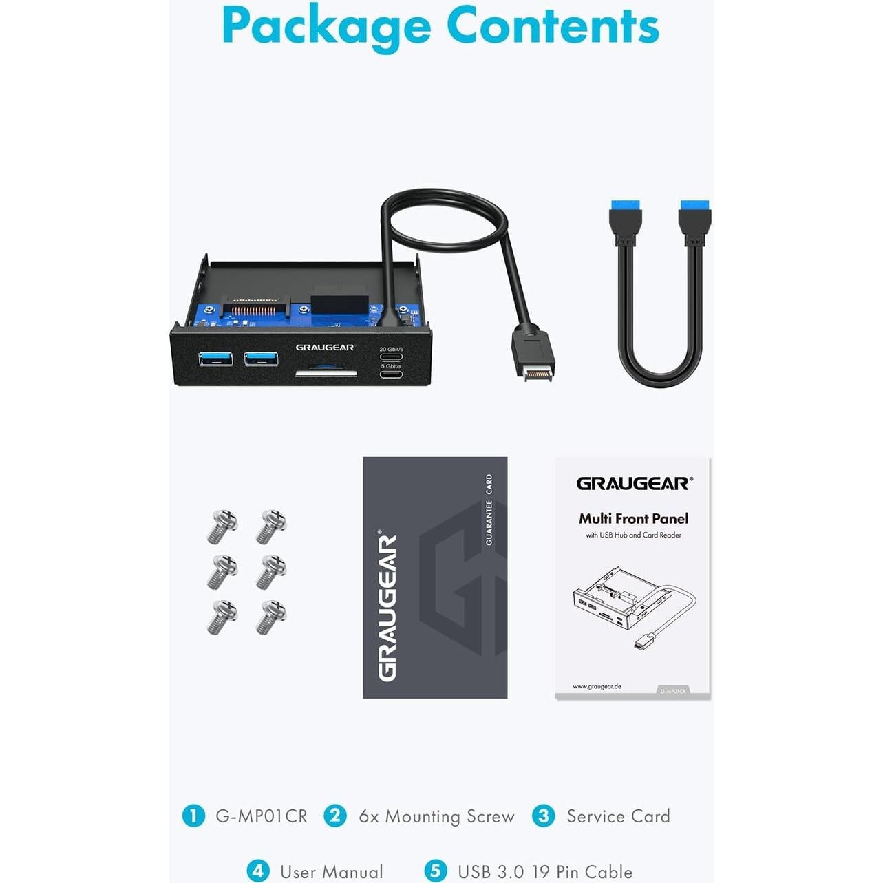 GRAUGEAR 3.5 Inch Front Panel USB C Hub, SD/microSD Internal Card Reader, 20Gbps USB 3.2 Gen 2x2, USB3.2 Type-E Key-A 20-Pin Header & USB3.0 Header & 15-Pin SATA Power Connector Required [G-MP01CR]