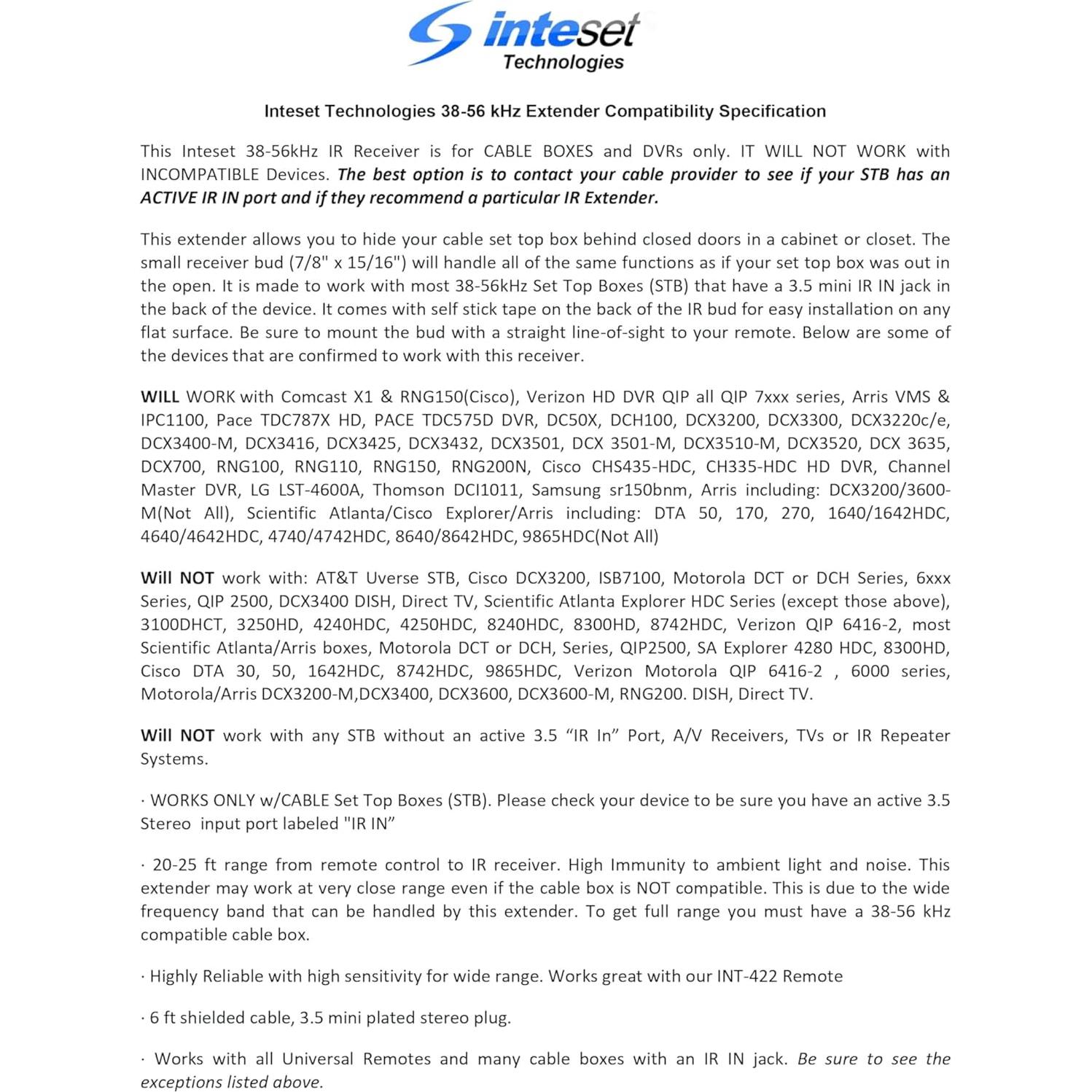 Extensor Infrarrojo Inteset 38-56 kHz para Cajas de Cable