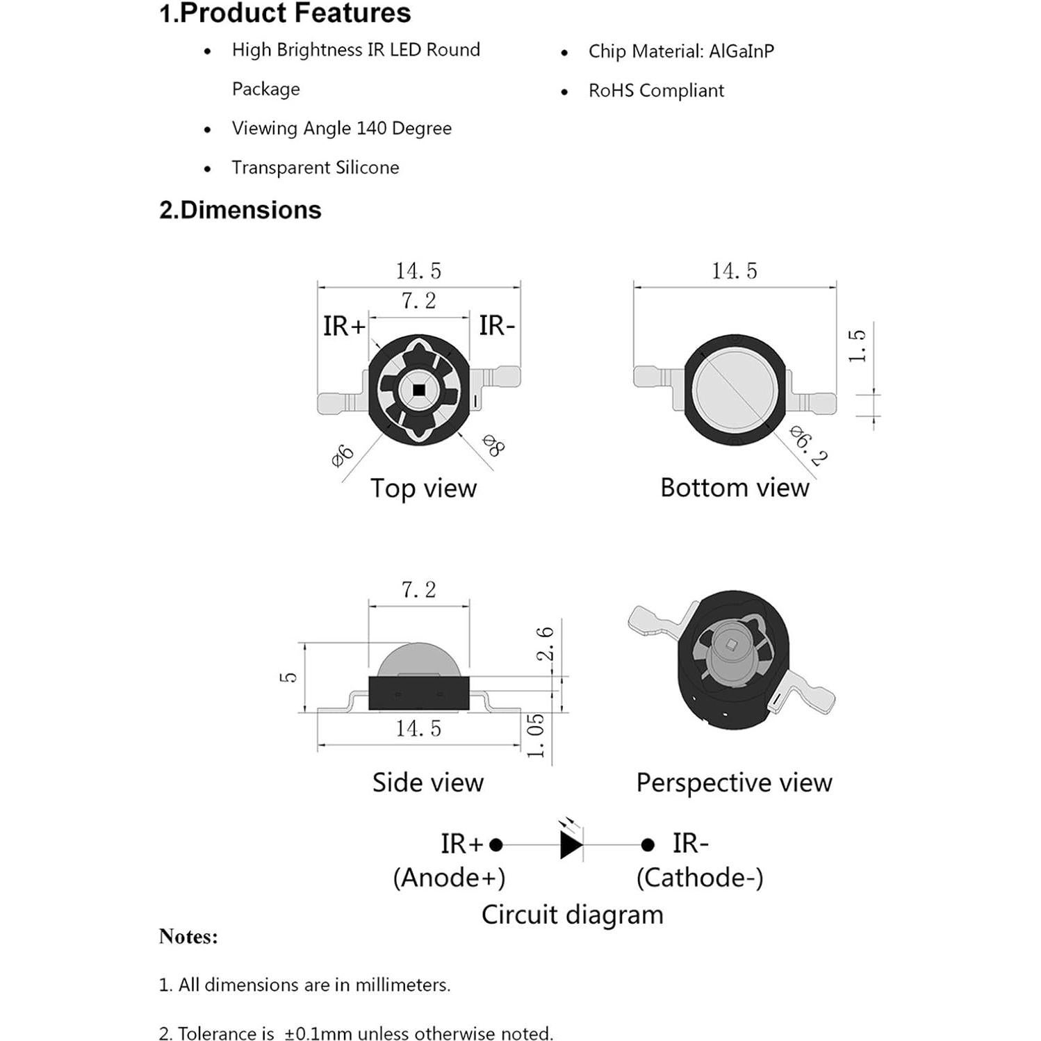 10 Pcs LED Infrarrojo 740nm 3W Chip Alta Potencia LEDGUHON