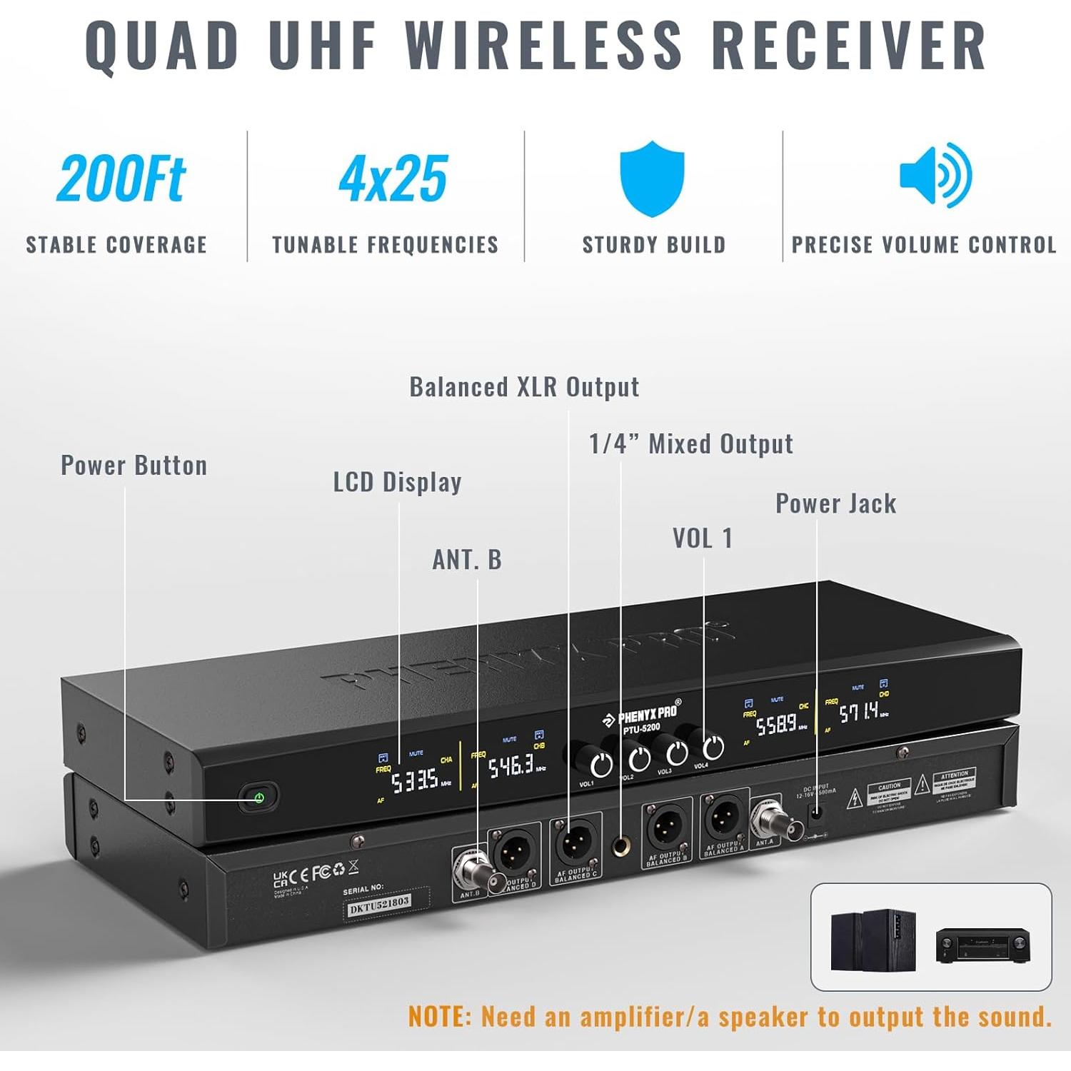 Sistema de Micrófono Inalámbrico Phenyx Pro PTU-5200, 4 Canales