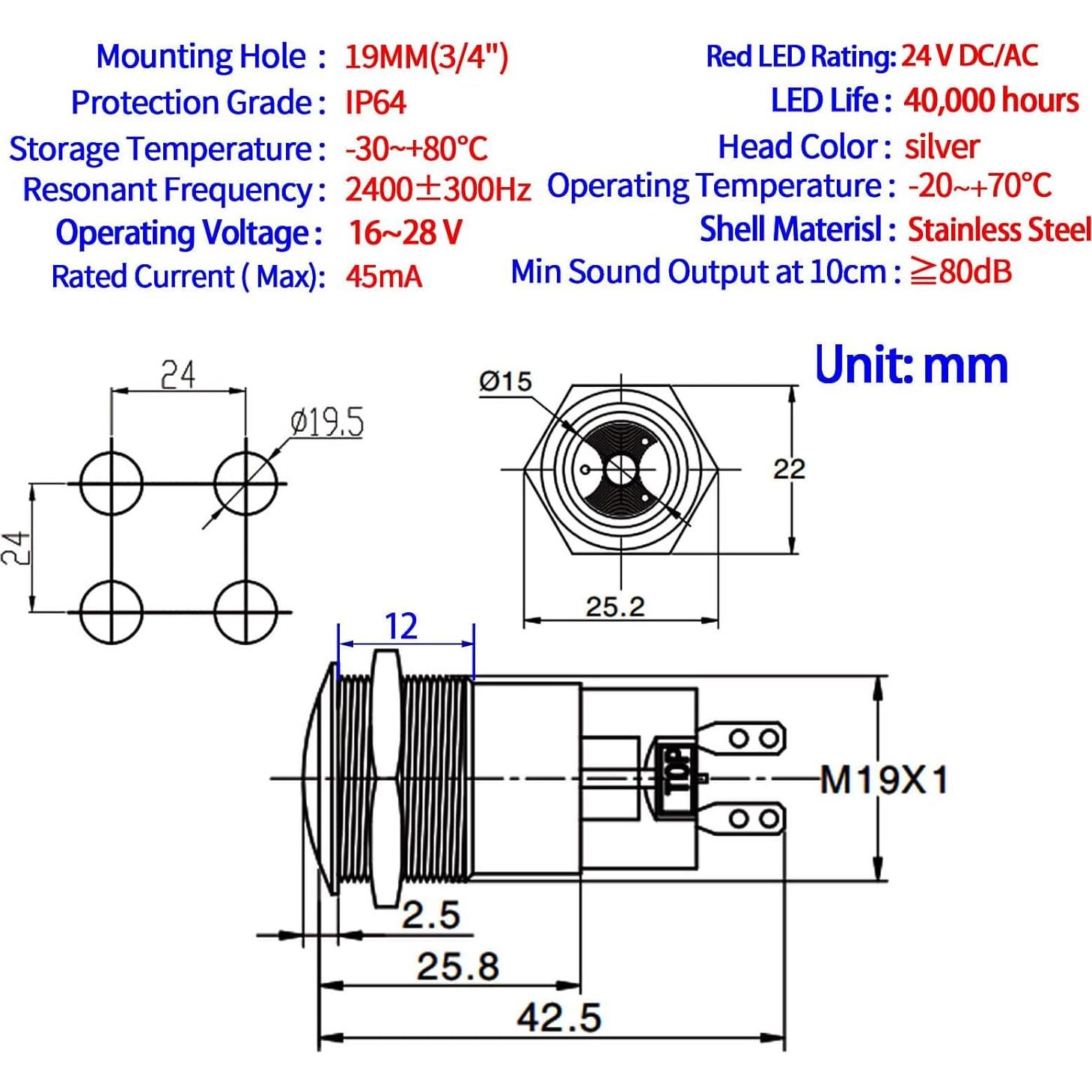 Bocina de Alarma 24V ZJWZJH 19mm Luz LED Roja 85dB