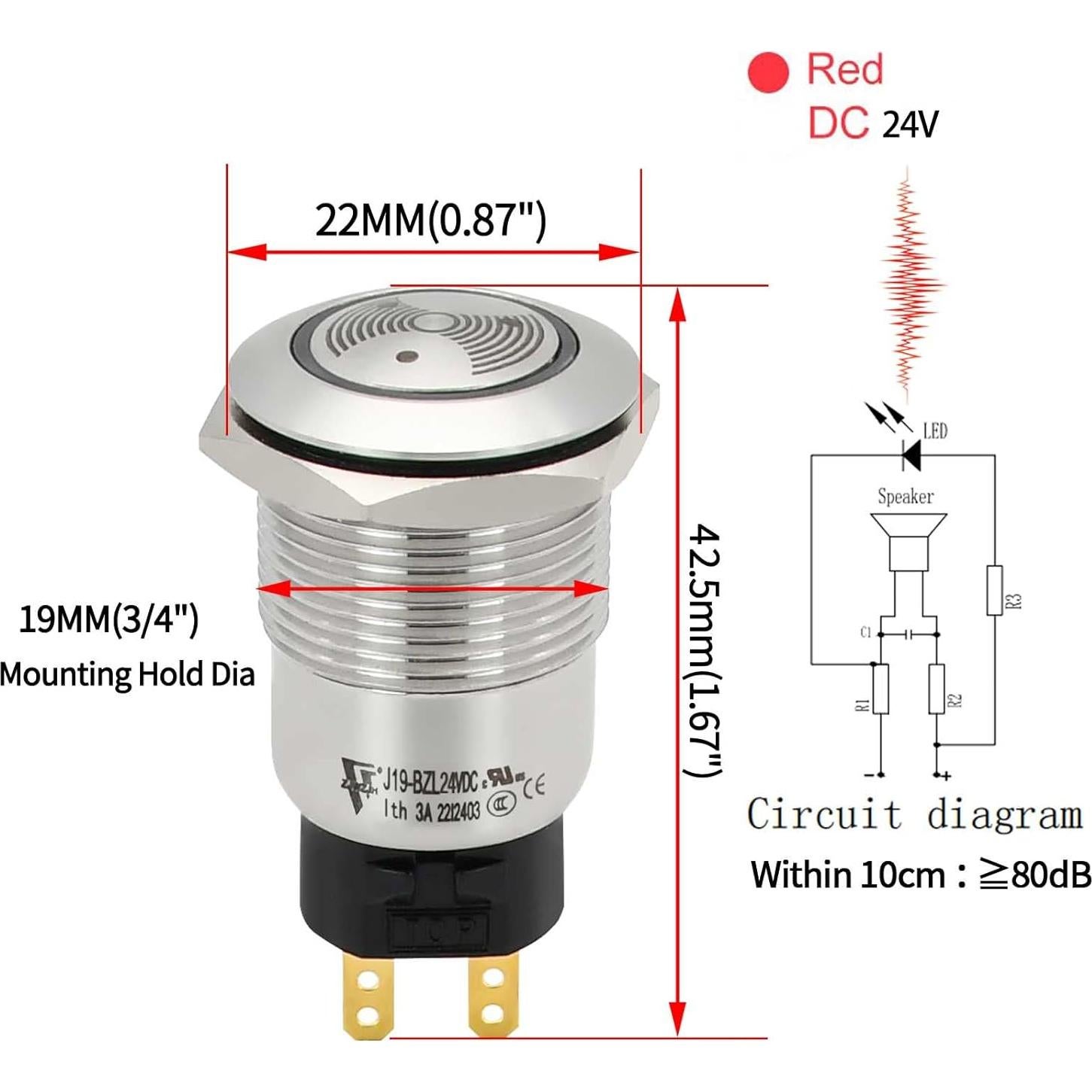 Bocina de Alarma 24V ZJWZJH 19mm Luz LED Roja 85dB