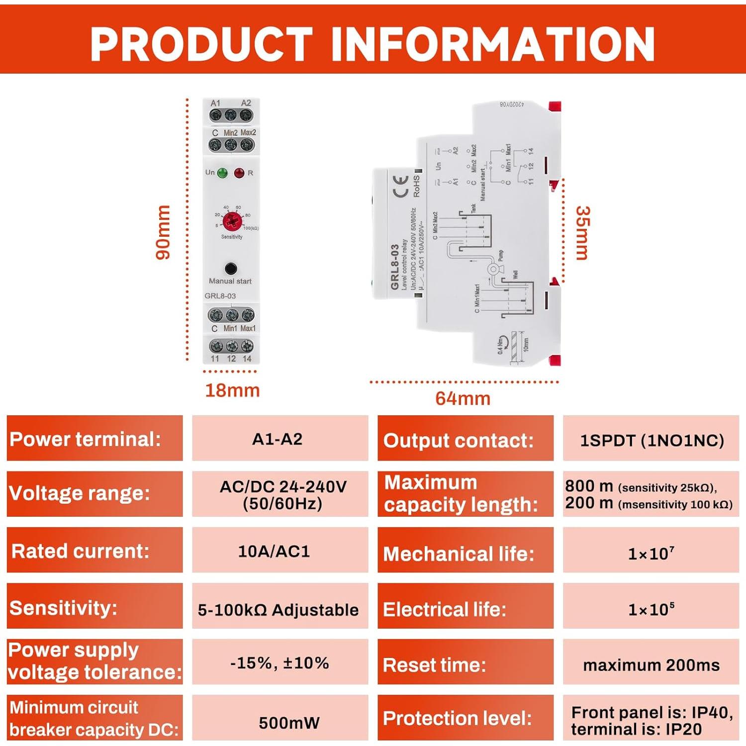 Relé de Control de Nivel de Líquido ZPSHYD GRL8-03 10A 24-240V