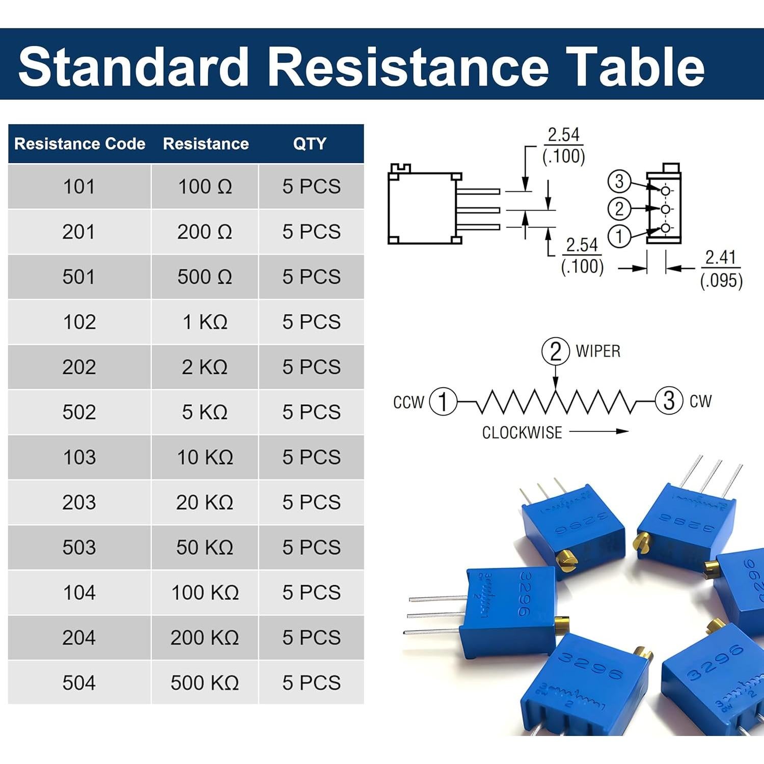 Kit de Potenciómetros Trimmer 3296W 60PCS 100Ω a 500KΩ