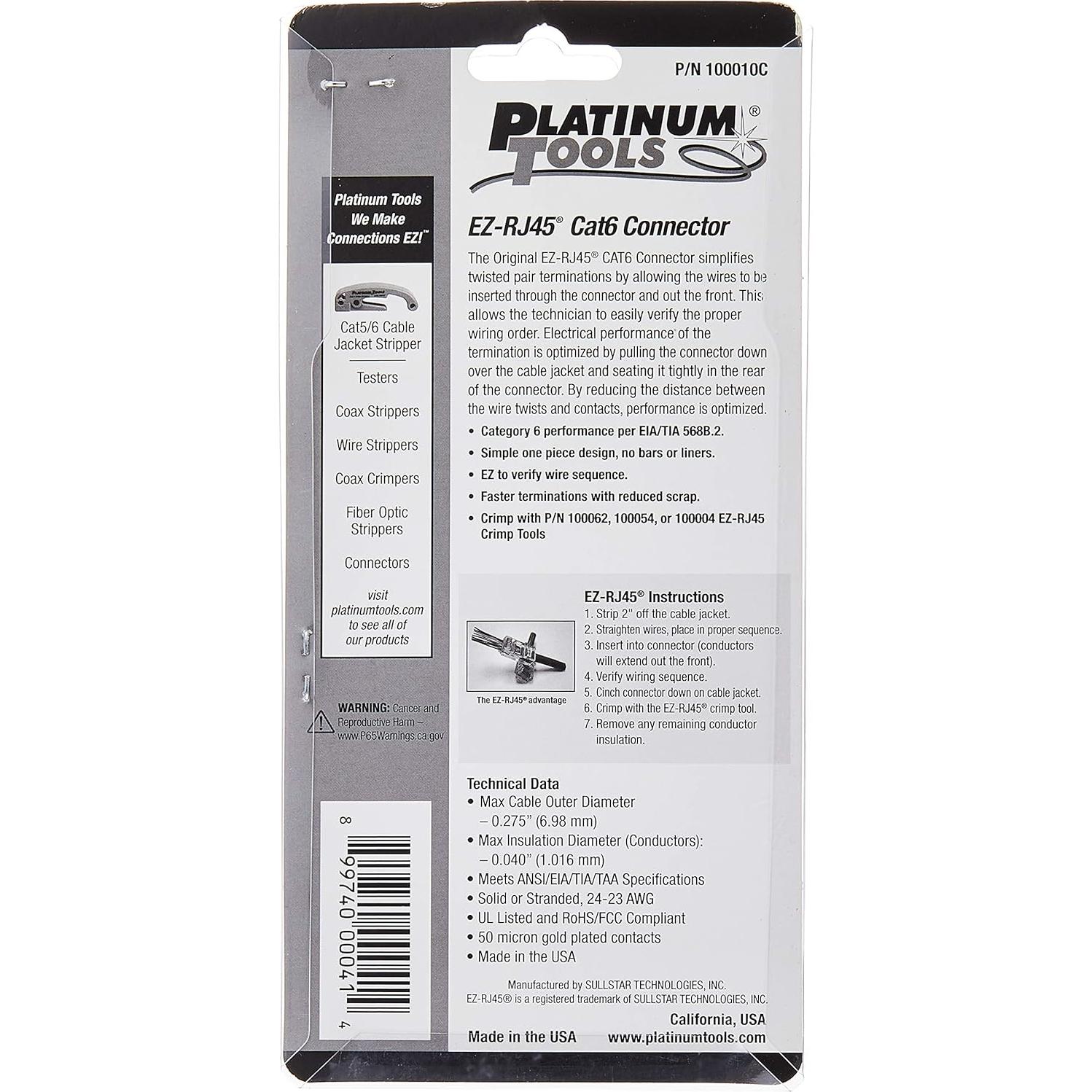 Conectores EZ-RJ45 Cat 6+ Platinum Tools 100010C, 50 Piezas