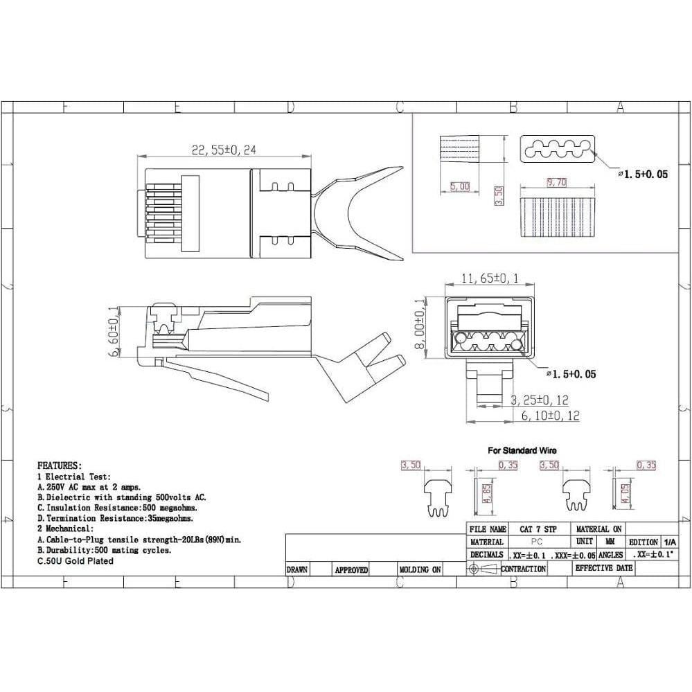Conectores RJ45 Cat7 Cat6A ZOERAX 50 unidades blindados oro