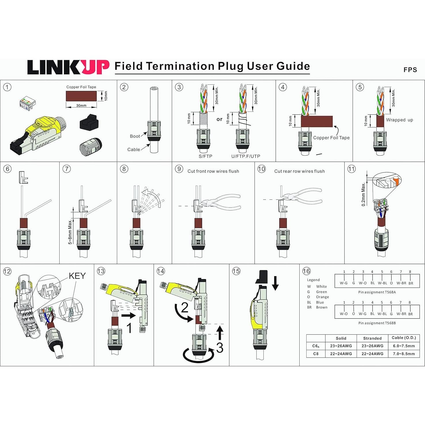 Conectores RJ45 Cat6A LINKUP - Paquete de 6, 10G, Blanco