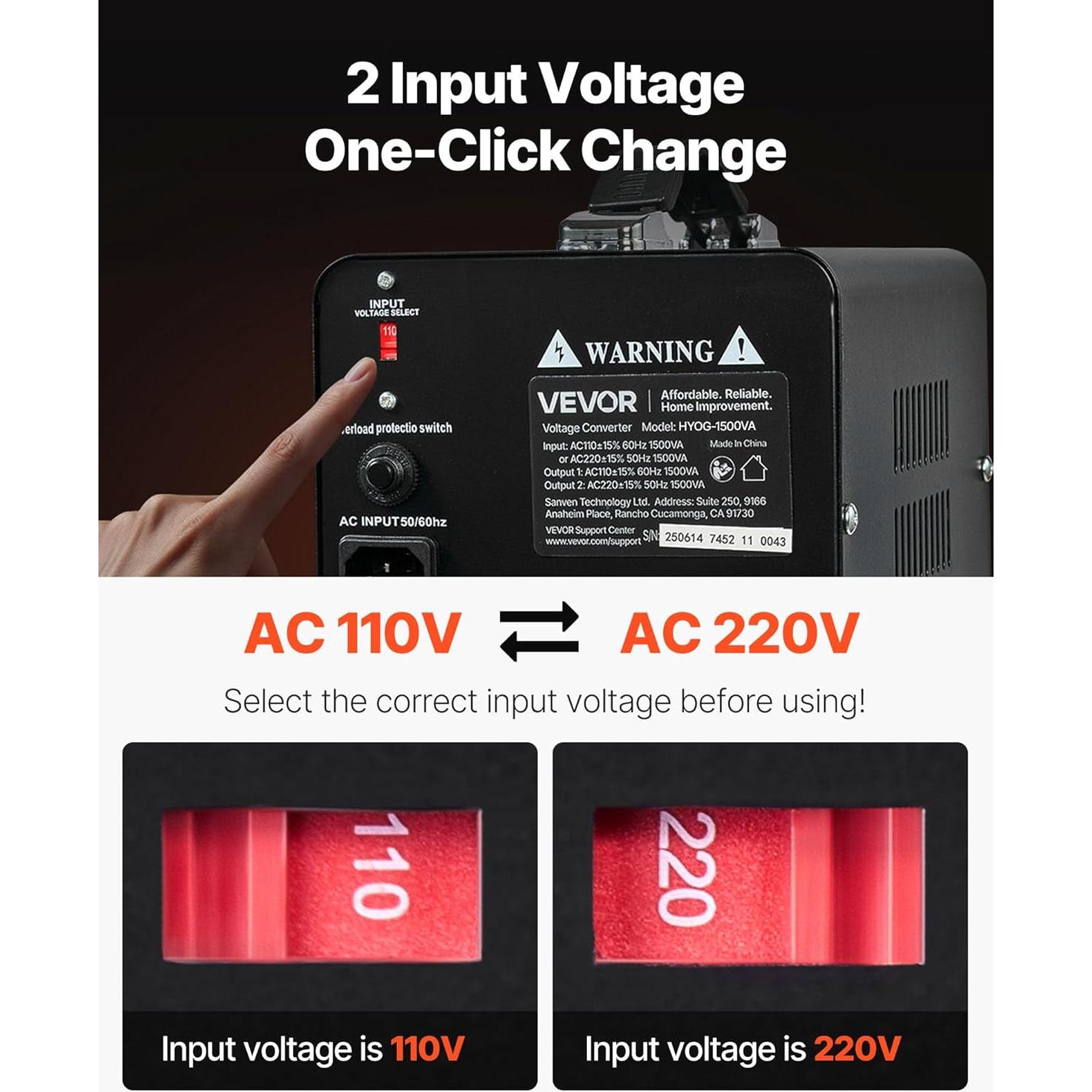 Transformador Convertidor de Voltaje VEVOR 1500VA Paso Arriba/Abajo