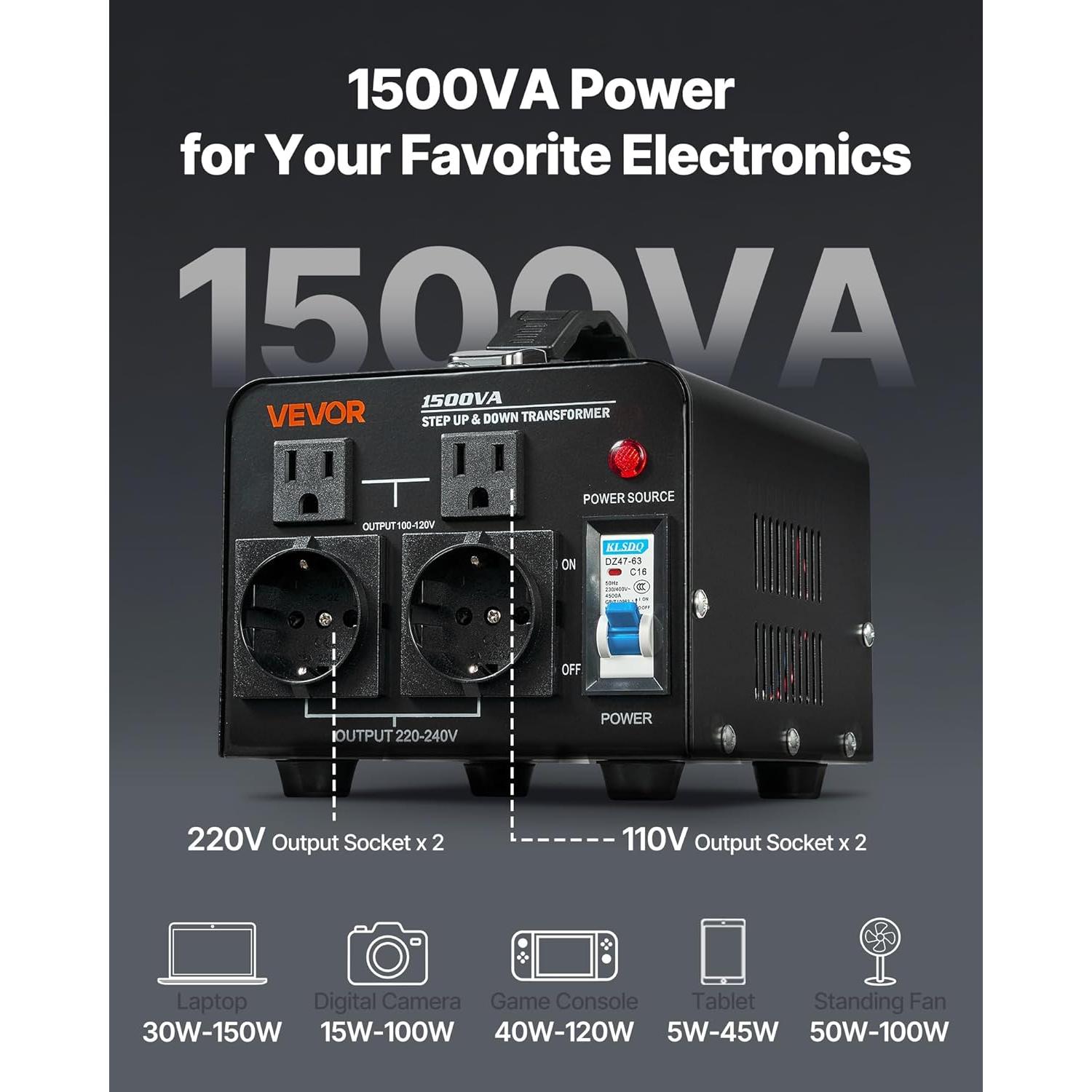 Transformador Convertidor de Voltaje VEVOR 1500VA Paso Arriba/Abajo