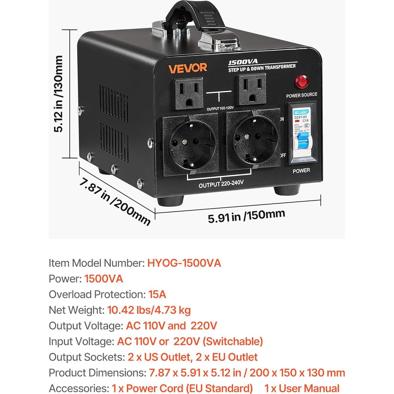 Transformador Convertidor de Voltaje VEVOR 1500VA Paso Arriba/Abajo