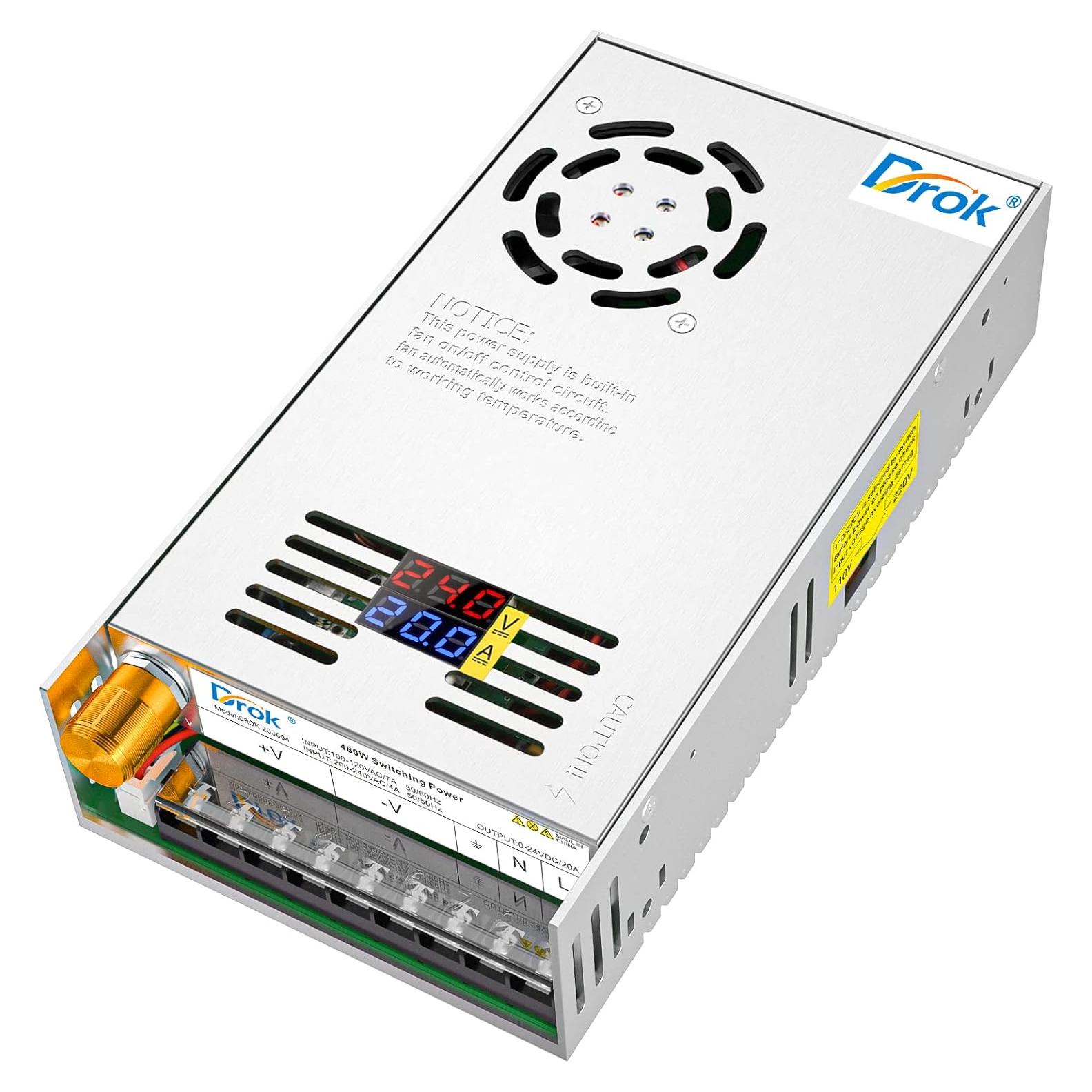 Fuente de Alimentación DROK 24V 20A Ajustable Doble Pantalla