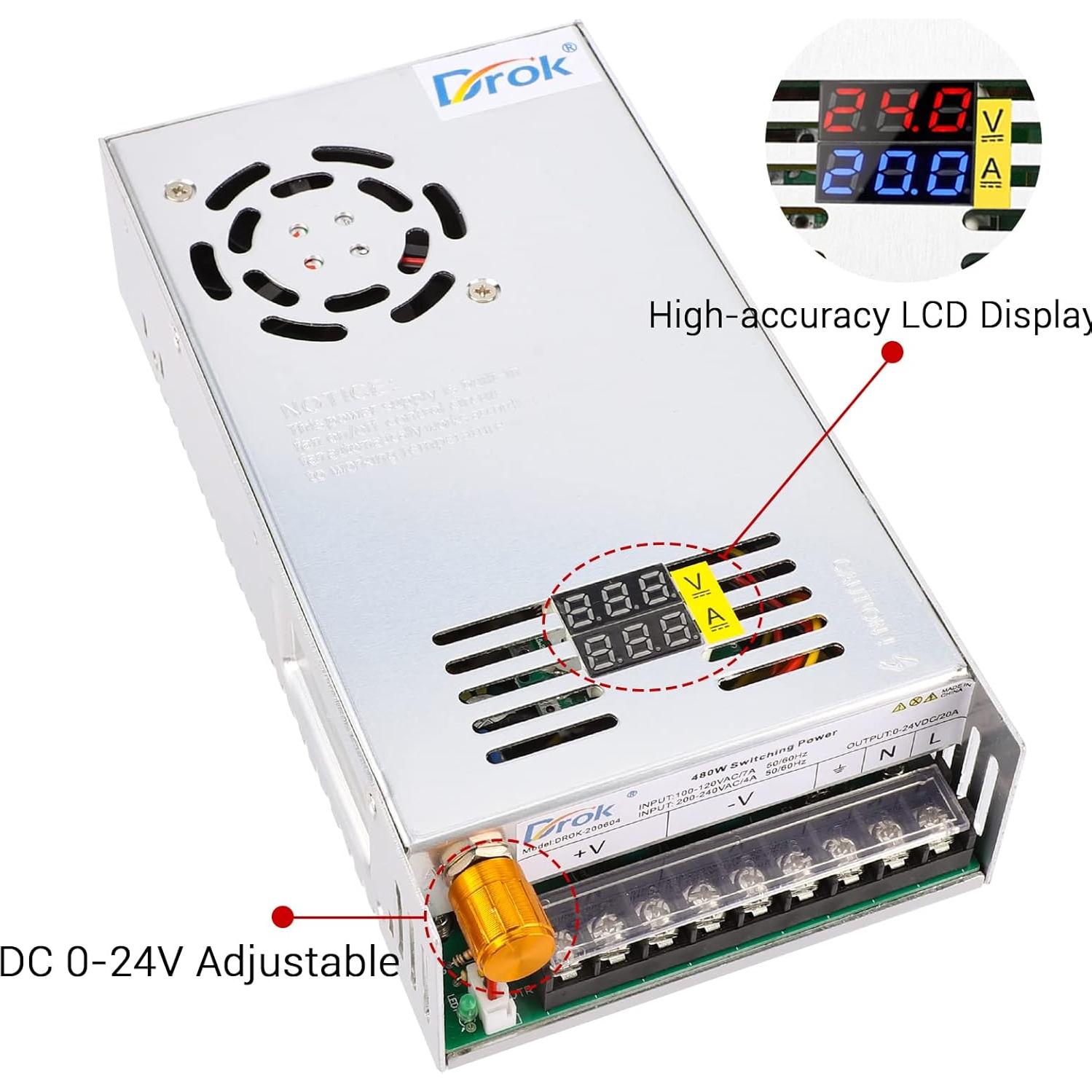 Fuente de Alimentación DROK 24V 20A Ajustable Doble Pantalla