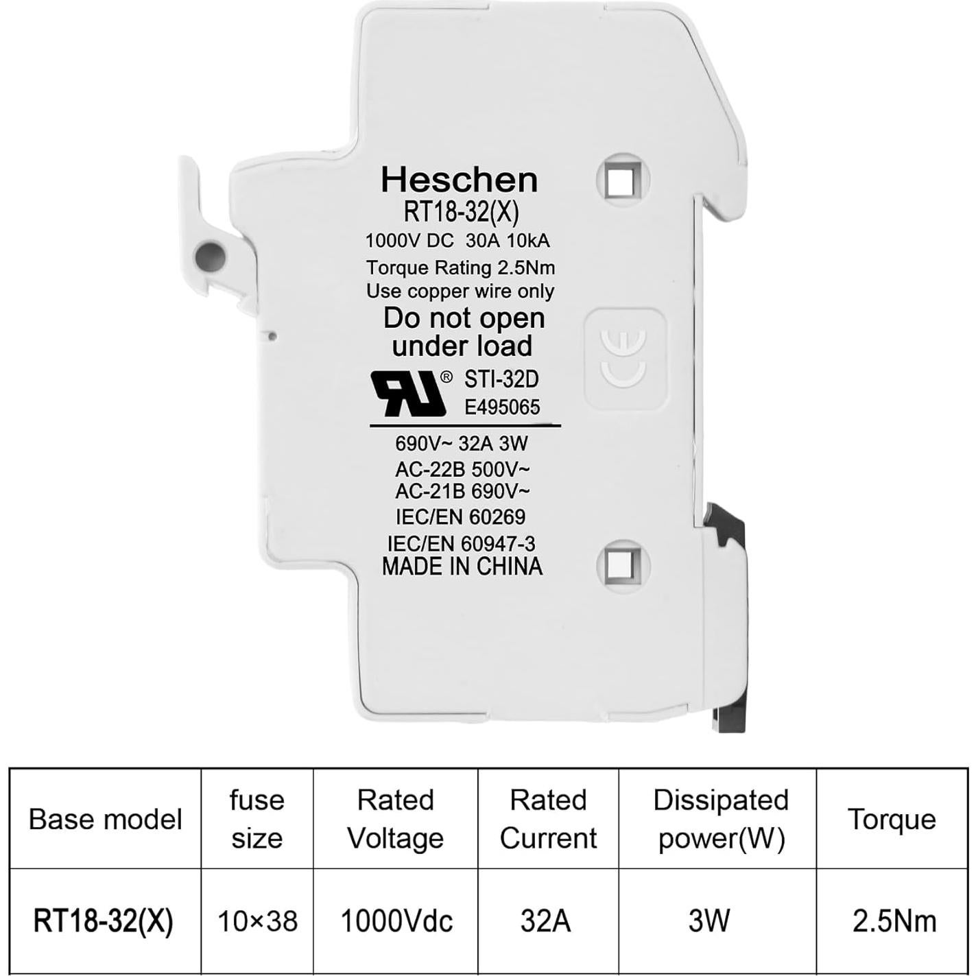 Soporte de Fusible Solar Heschen RT18-32(X) 1000V 32A 1 Polo