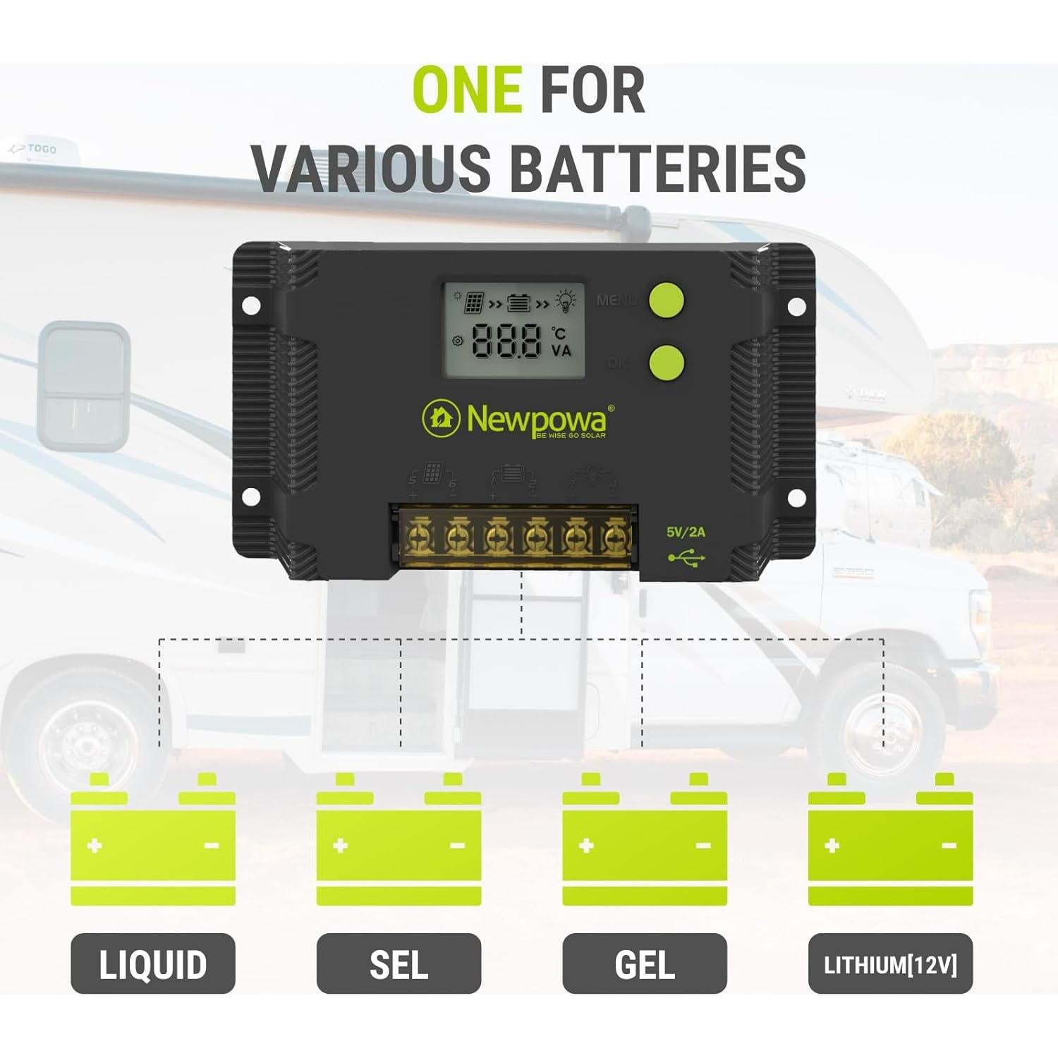 Controlador de Carga Solar PWM 20A Newpowa 12V/24V LCD