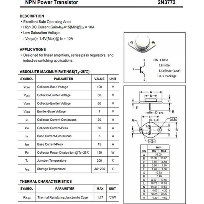 Transistor NPN 2N3772 YEGAFE 150W 20A Amplificador