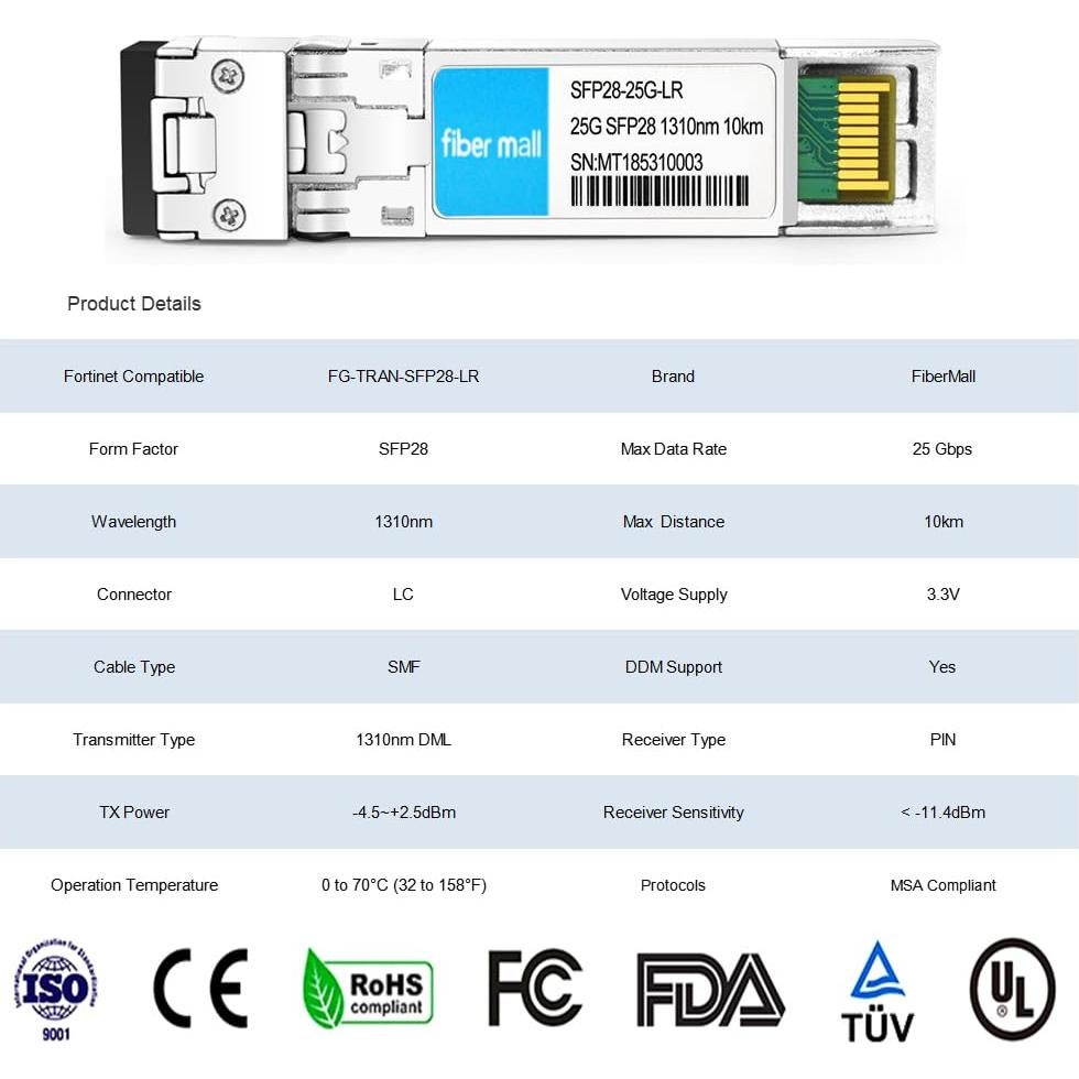 Transceptor óptico 25G SFP28 Fiber Mall 10km LC SMF