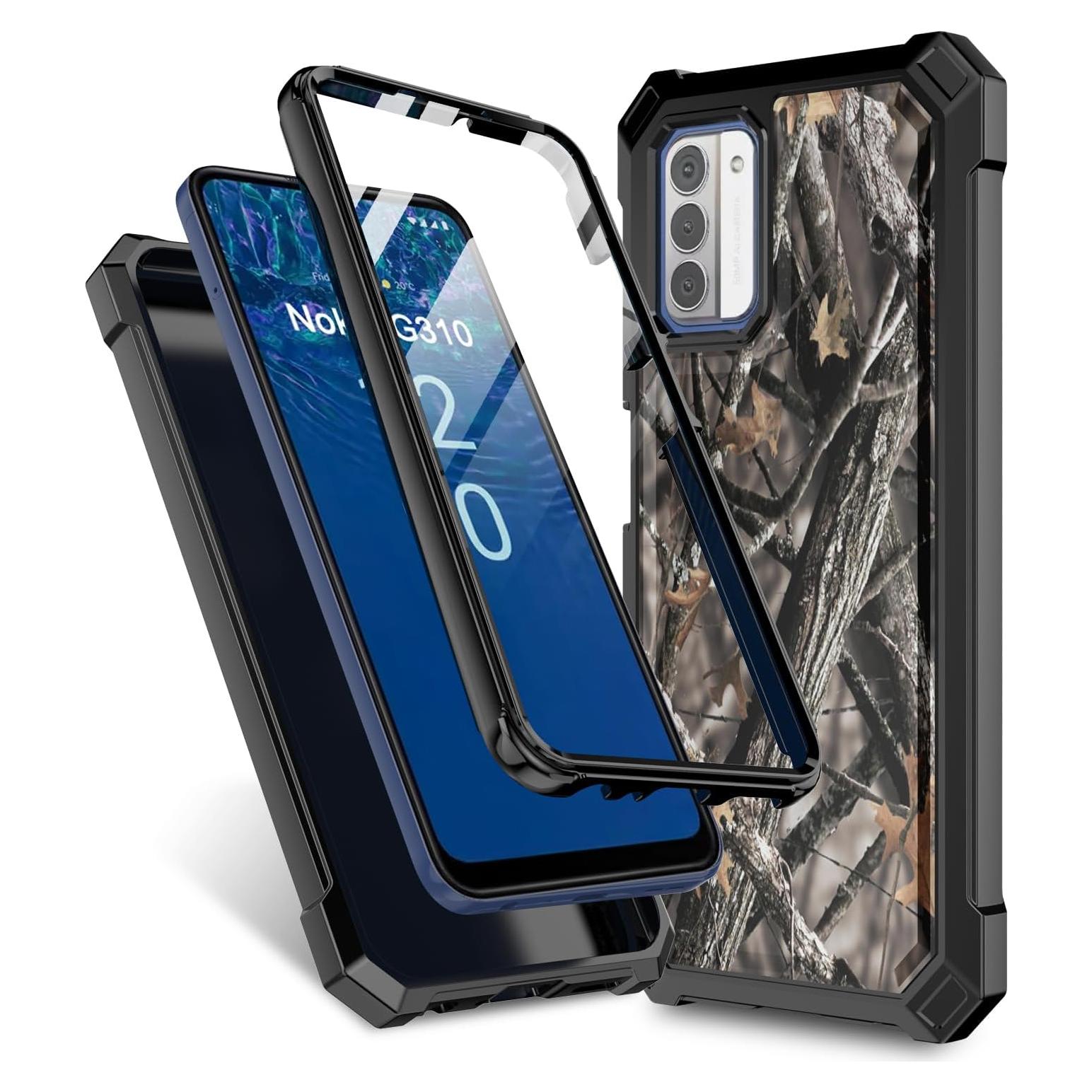 for Nokia G100 Phone Case(N150DL)/Nokia C300 Case(N155DL) w/[Built-in Screen Protector] Dual Layer Shockproof [Military-Grade][Full-Body] Protective Cover Women Man Deer Tree Camo Leaf Design