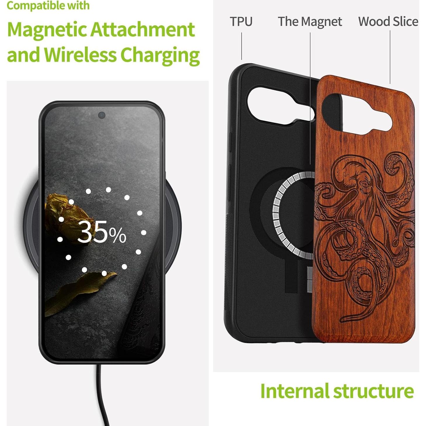 Funda de Madera Carveit para Google Pixel 9a - Pulpo Rosado