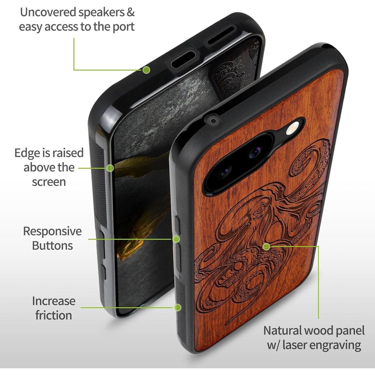 Funda de Madera Carveit para Google Pixel 9a - Pulpo Rosado