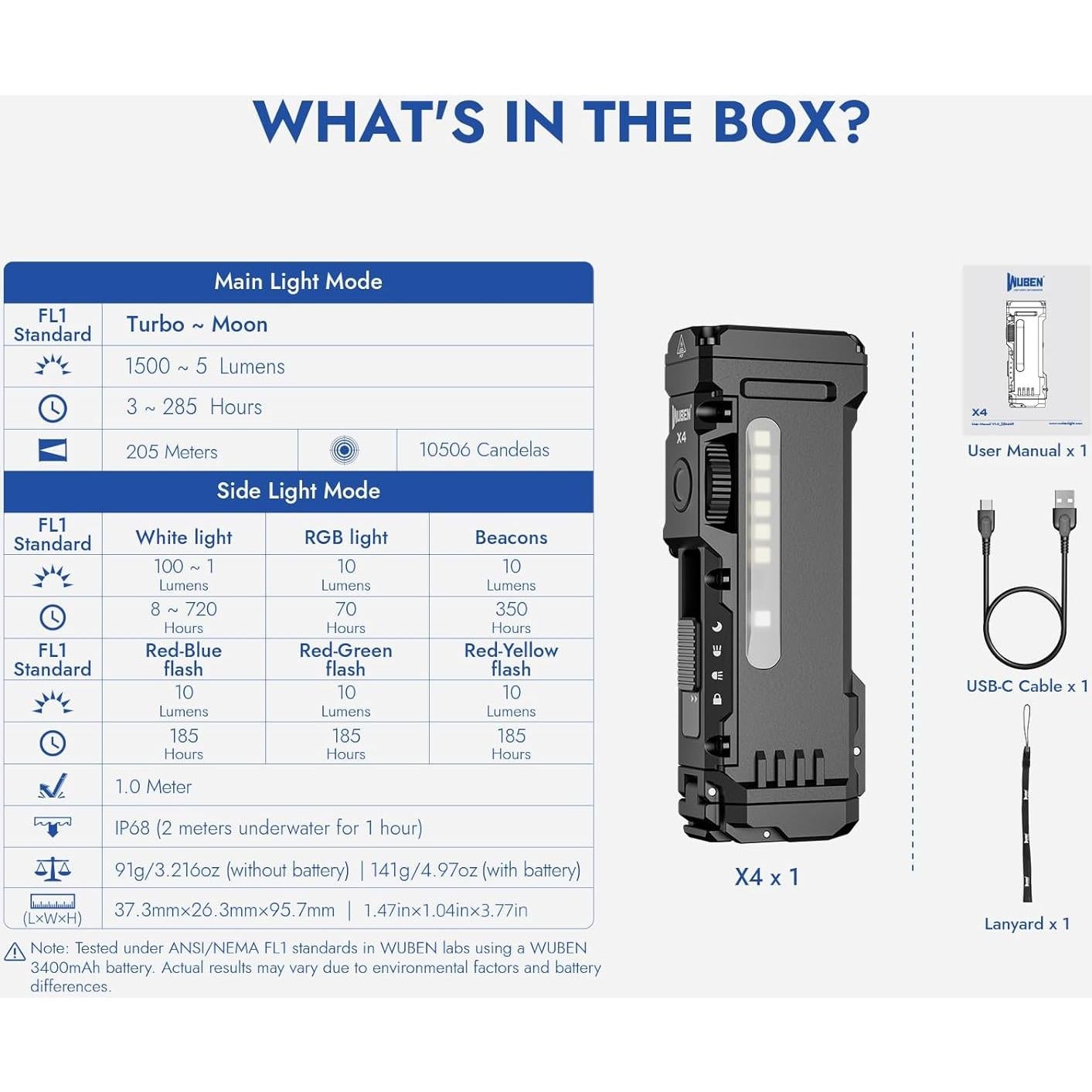 Linterna Recargable WUBEN X4 EDC 1500 Lúmenes IP68 USB-C
