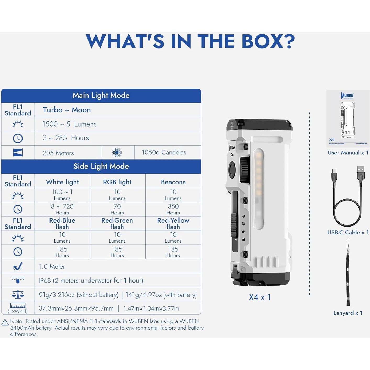 Linterna Recargable WUBEN X4 EDC 1500 Lúmenes RGB IP68