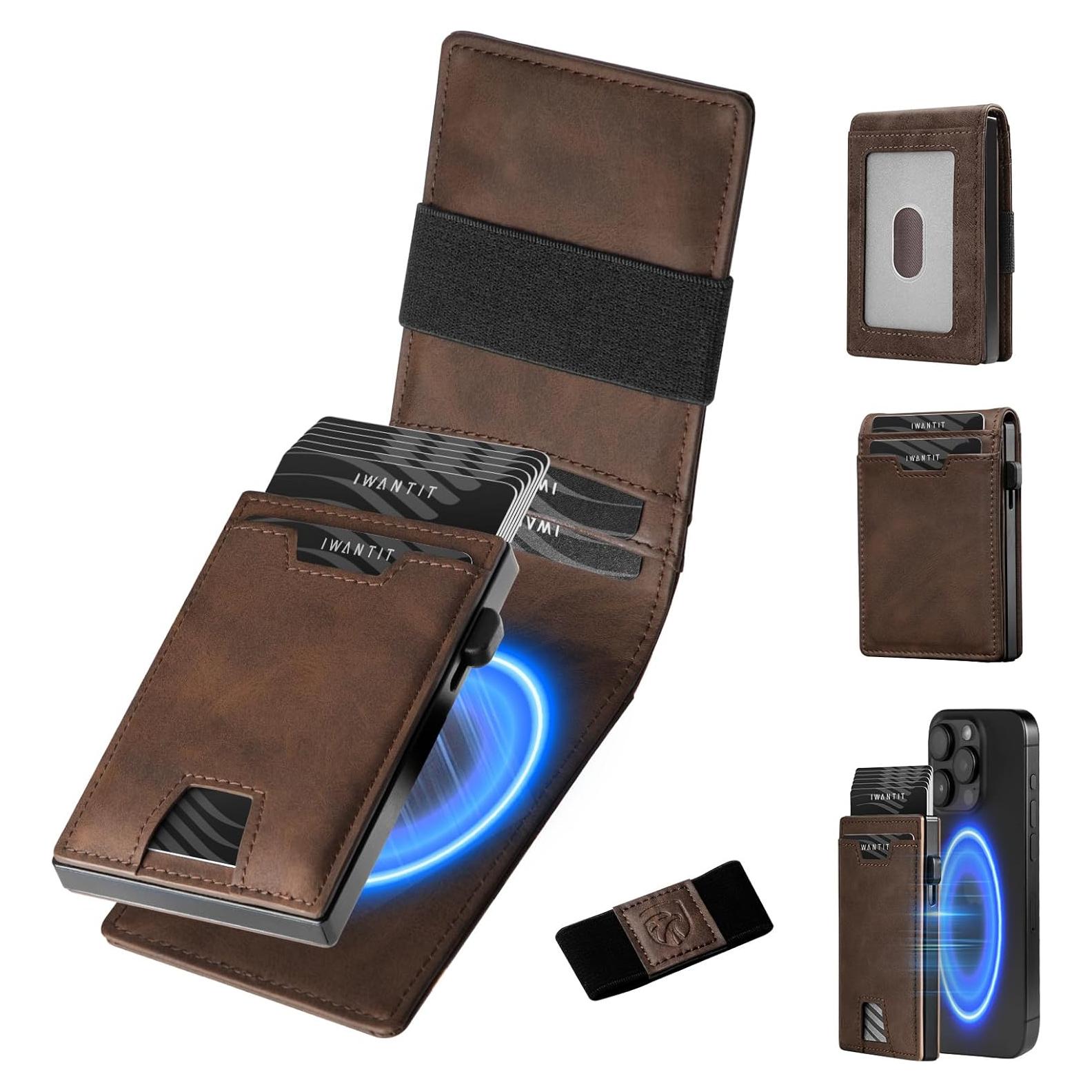 Cartera 3 en 1 iwantit para Hombres - Bifold Slim Magnética Cuero Marrón
