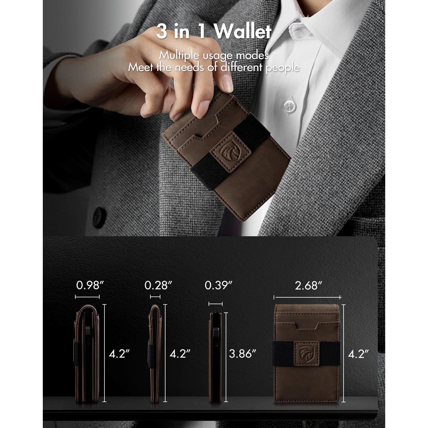 Cartera 3 en 1 iwantit para Hombres - Bifold Slim Magnética Cuero Marrón