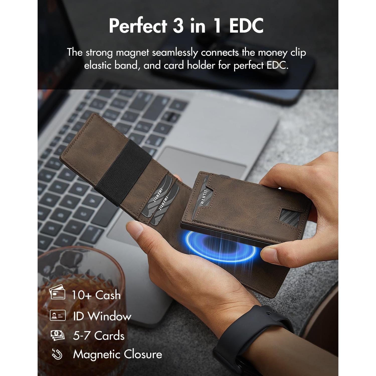 Cartera 3 en 1 iwantit para Hombres - Bifold Slim Magnética Cuero Marrón