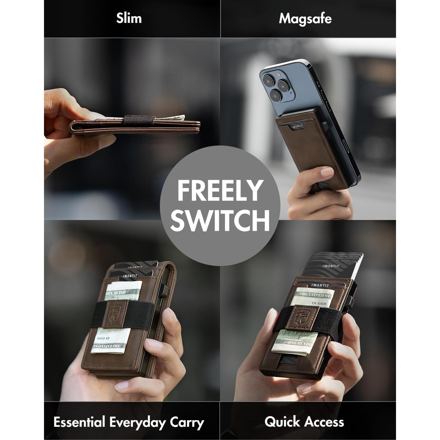 Cartera 3 en 1 iwantit para Hombres - Bifold Slim Magnética Cuero Marrón