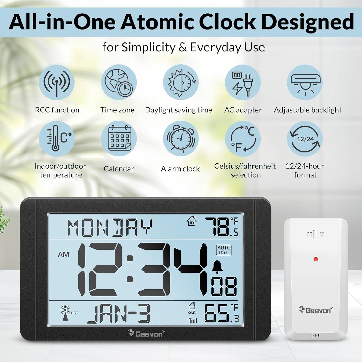 Reloj Atómico Geevon con Sensor de Temperatura - Pantalla 27.4 cm