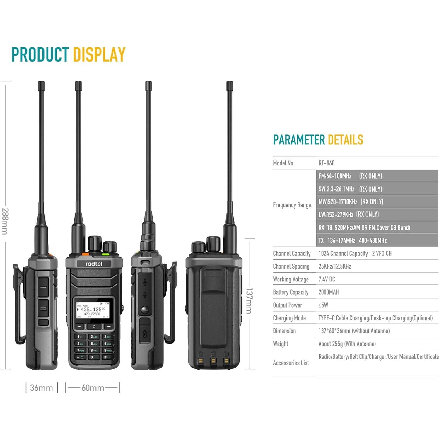 Radio Radtel RT-860 Doble Banda HF UHF VHF 1024 Canales