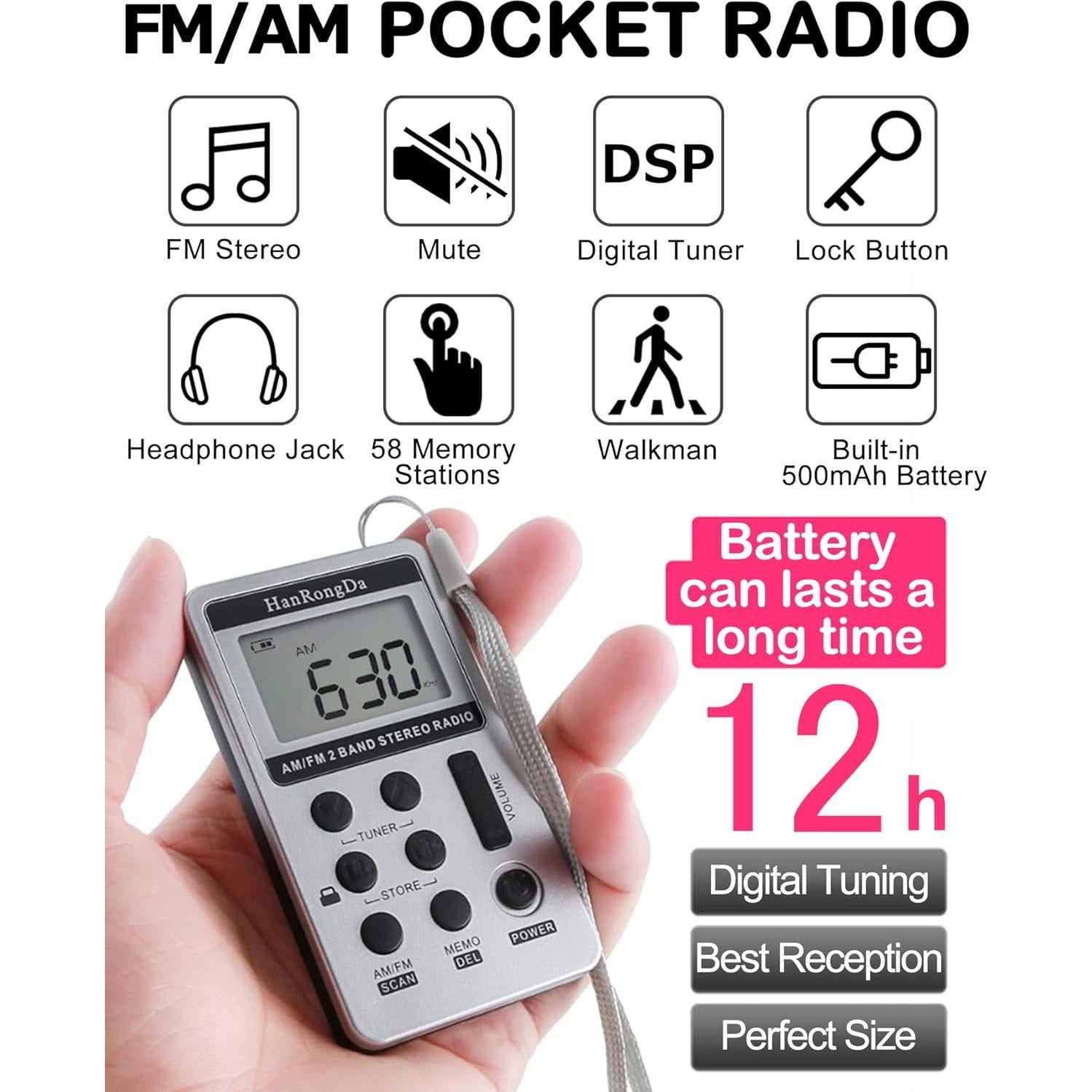 Receptor de Radio Portátil AM/FM HanRongDa HRD-103 Estéreo