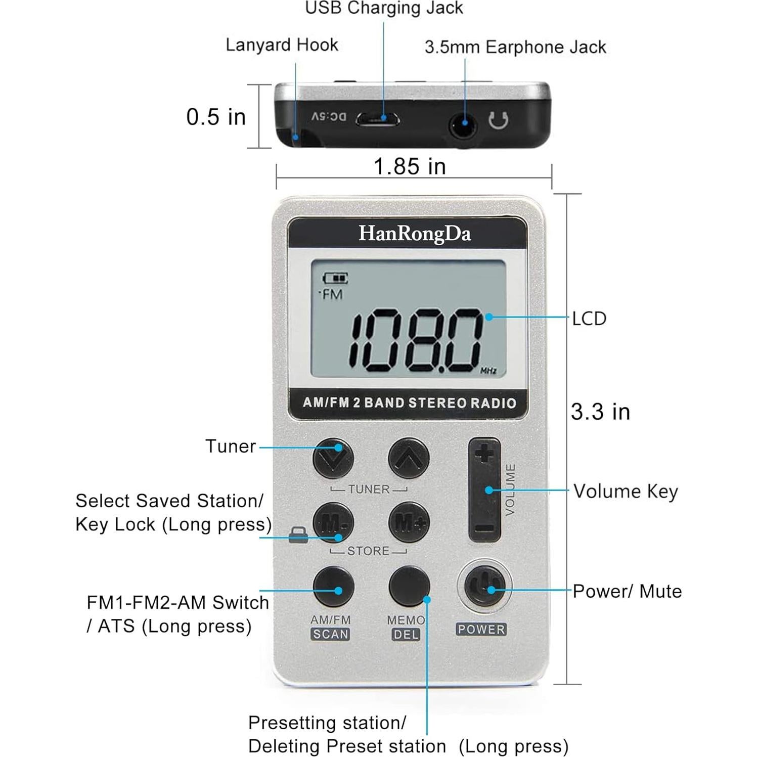 Receptor de Radio Portátil AM/FM HanRongDa HRD-103 Estéreo