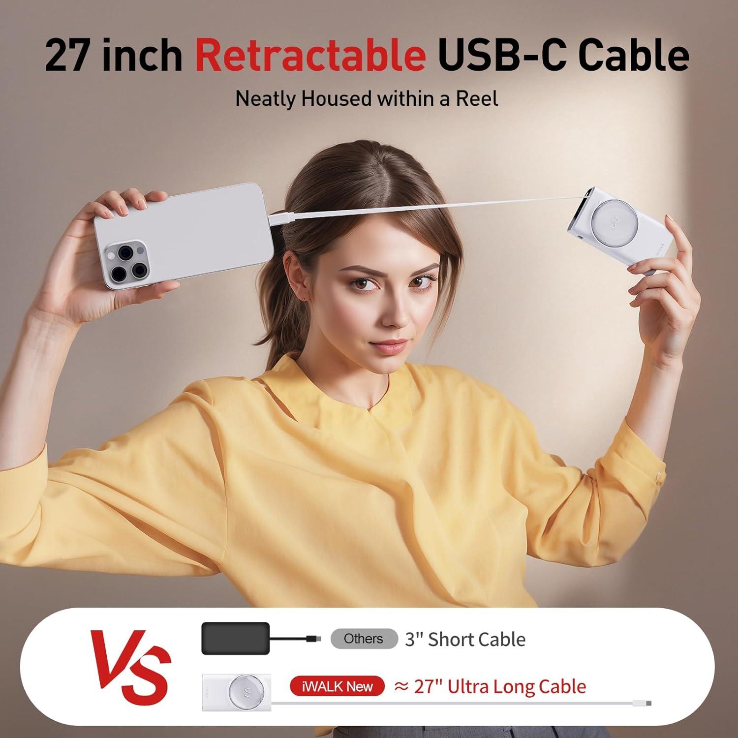 Cargador Portátil iWALK 10,000mAh 30W con Cable Retráctil