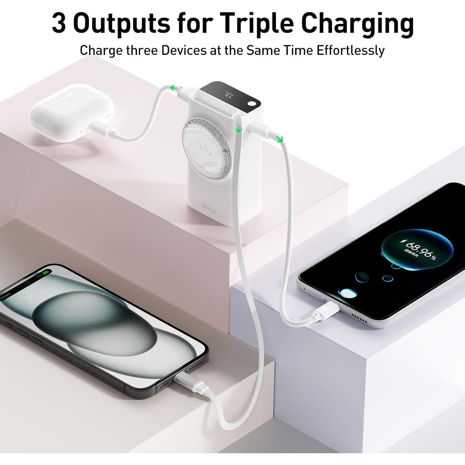 Cargador Portátil iWALK 10,000mAh 30W con Cable Retráctil